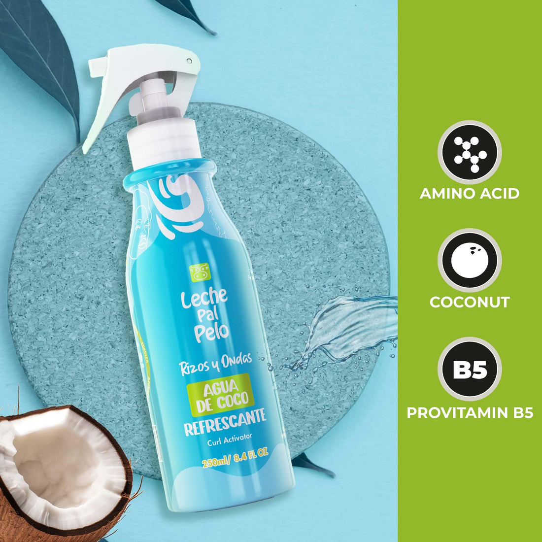 Coconut Water Hair Treatment spray with Amino Acids & Coconut Milk - Deep Hydration, Frizz Control & Repair for Curly Hair 8.4 oz.