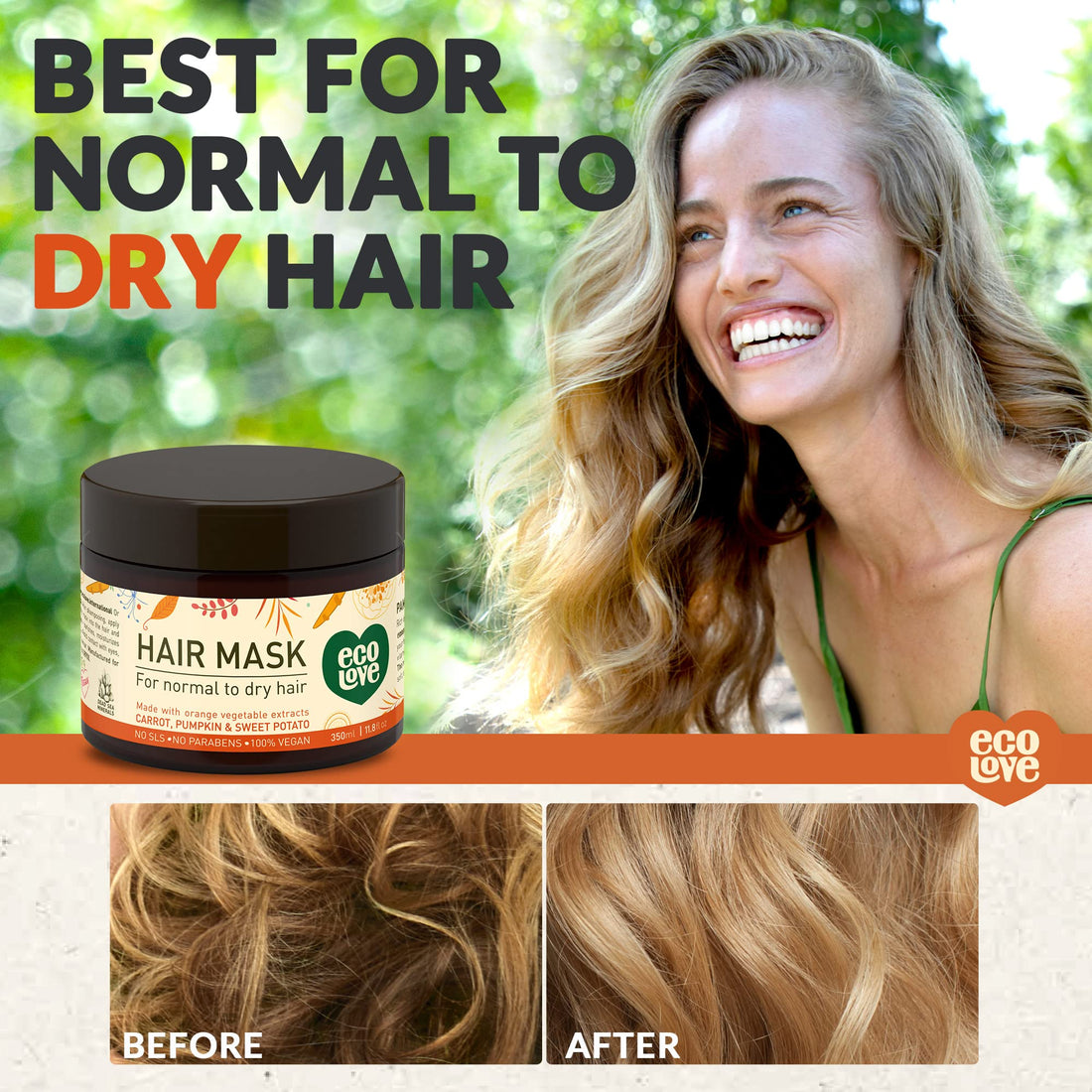 ecoLove Orange Collection Hair Mask for normal to dry hair - Carrots, Pumpkins & Sweet Potatoes. 100% VEGAN (11.8 Oz)