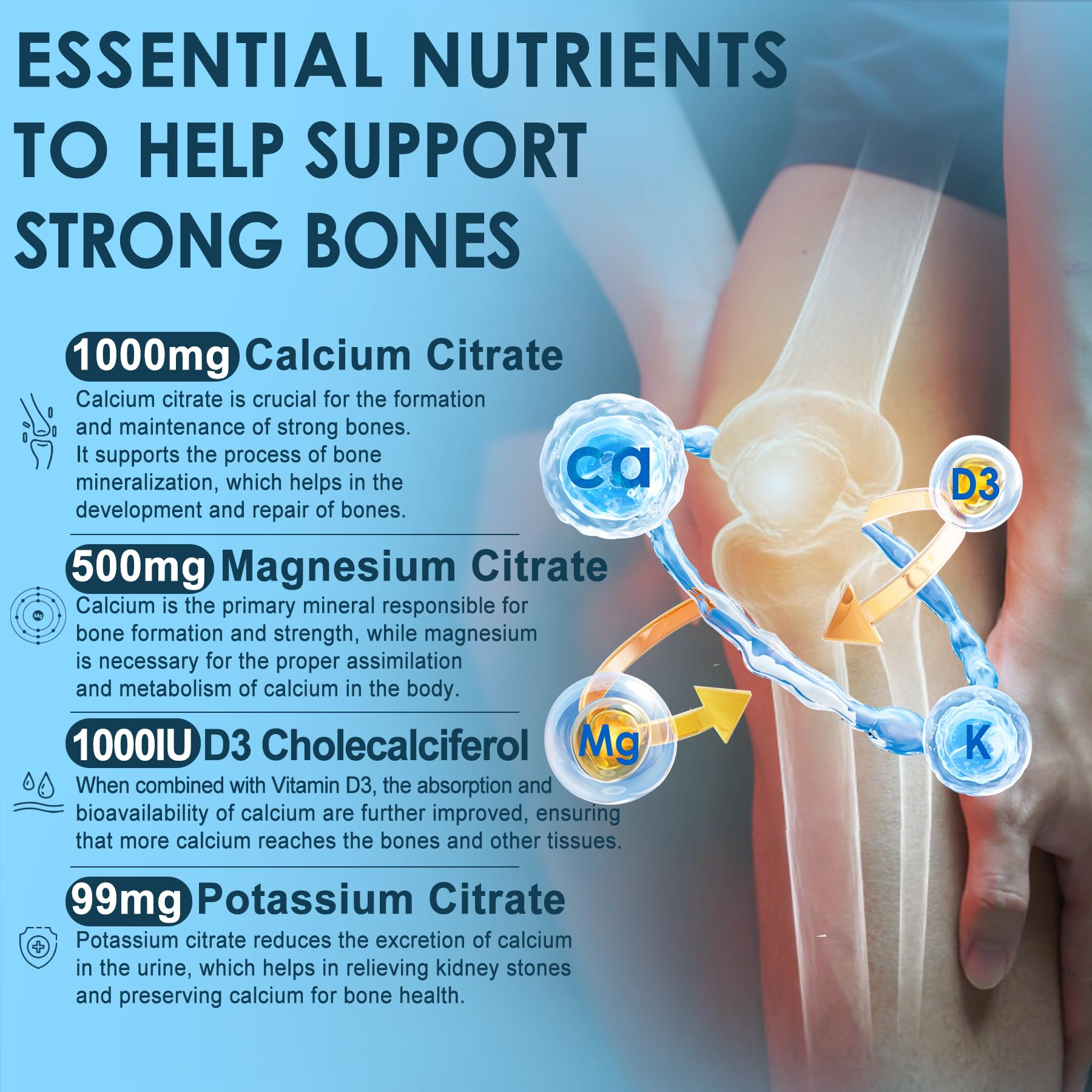 Calcium Citrate 1000mg Filled Gummies + Vitamin D3, Magnesium, Potassium, Zinc & B6 - Bones Strength, Muscle & Immune Support - Sugar Free Calcium Supplement for Women Men, Vegan Calcium Chews, 60Cts