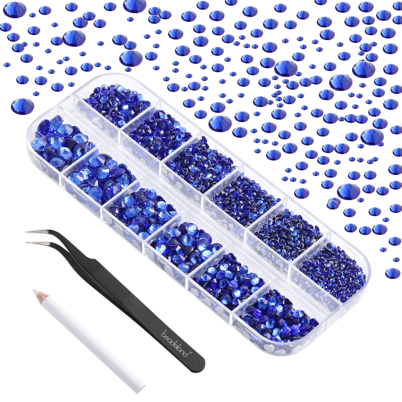 Beadsland 2500pcs Blue Rhinestones, Flatback Gems Round Crystal Rhinestones for Crafts Mixed 8 Sizes SS4~SS30 with Picking Tweezer and Pen (Sapphire)