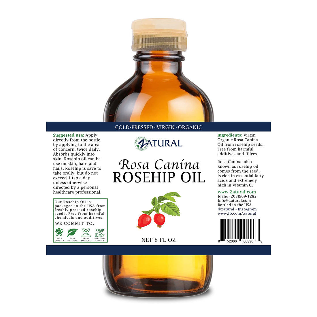 Zatural 8 Oz: Rosa Canina - Organic Rosehip Oil For Face, Nails, Hair And Skin - Cold Pressed Rose Hip Oil (8 Oz)