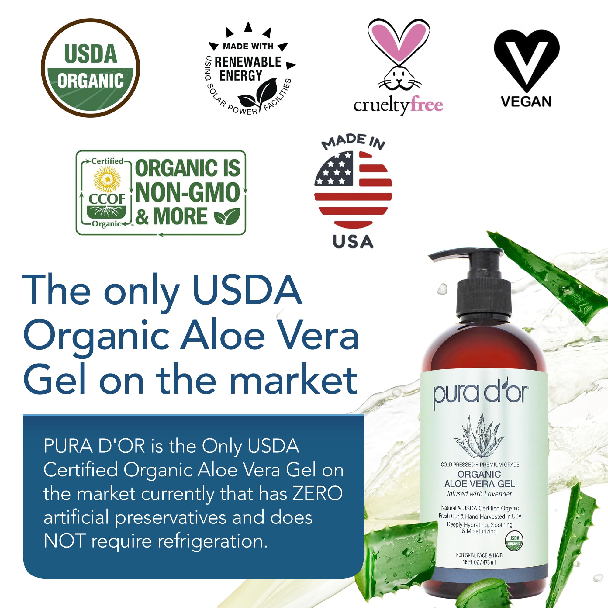 PURA D'OR Organic Aloe Vera Gel (16oz) 100% Pure USDA Certified Organic - Deeply Hydrating, For Clearer, Softer & Moisturized Skin - Helps with Sunburn, Bug Bites, Rashes, Small Cuts, Eczema Relief