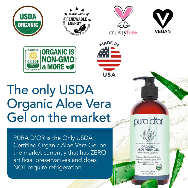 PURA D'OR Organic Aloe Vera Gel (16oz) 100% Pure USDA Certified Organic - Deeply Hydrating, For Clearer, Softer & Moisturized Skin - Helps with Sunburn, Bug Bites, Rashes, Small Cuts, Eczema Relief