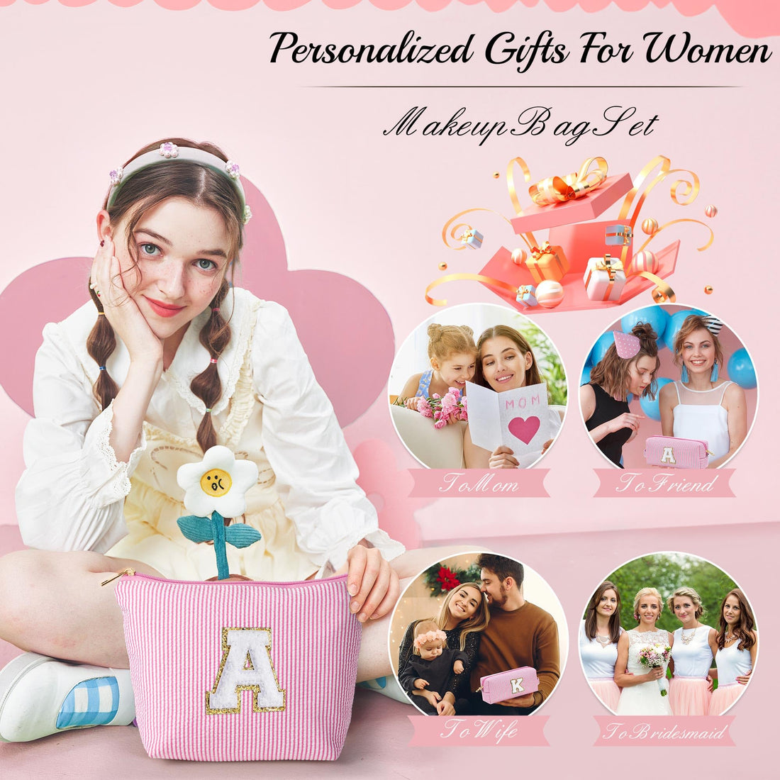 YOOLIFE Mothers Day Gifts for Women | Personalized Initial Makeup Bag | Pink Cosmetic Bag Travel Bag | 11 12 13 14 15 16 Years Old Girl Gifts Graduation Teacher Gifts Teen Girl Gifts Trendy Stuff A