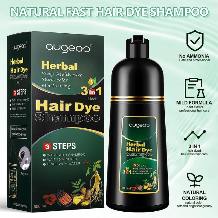 YUOLITA 500ml 3-In-1 Herbal Black Hair Coloring Shampoo, Natural Gray Coverage in 10 Minutes, Long-Lasting 30 Days for Men & Women (16.9 Fl Oz)