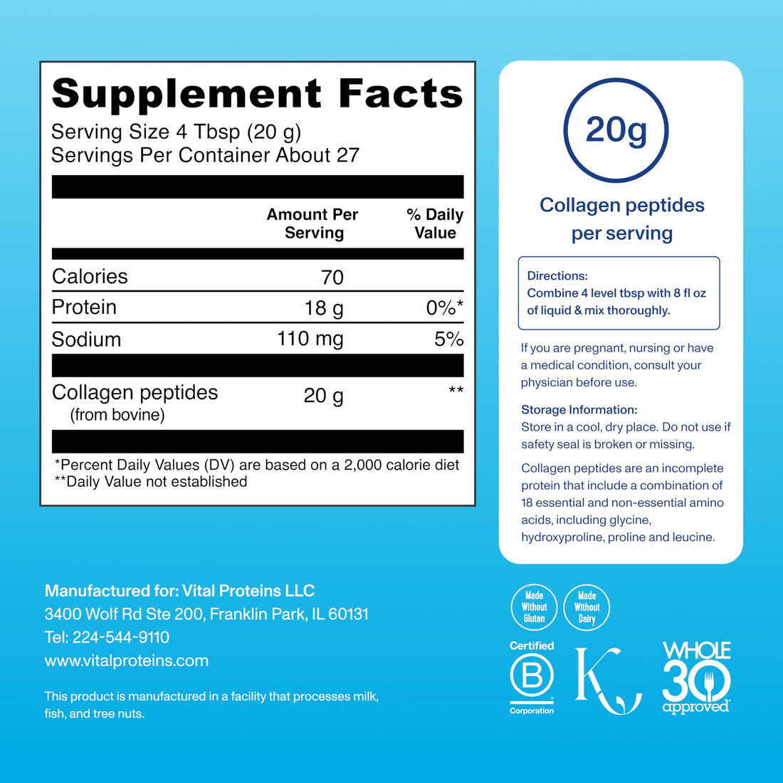 Vital Proteins Grass Fed Collagen Peptides Powder, Supports Hair, Skin, Nails, Bones, and Joints Health, Hydrolyzed Peptides - Zero Sugar, Unflavored, 19.3oz