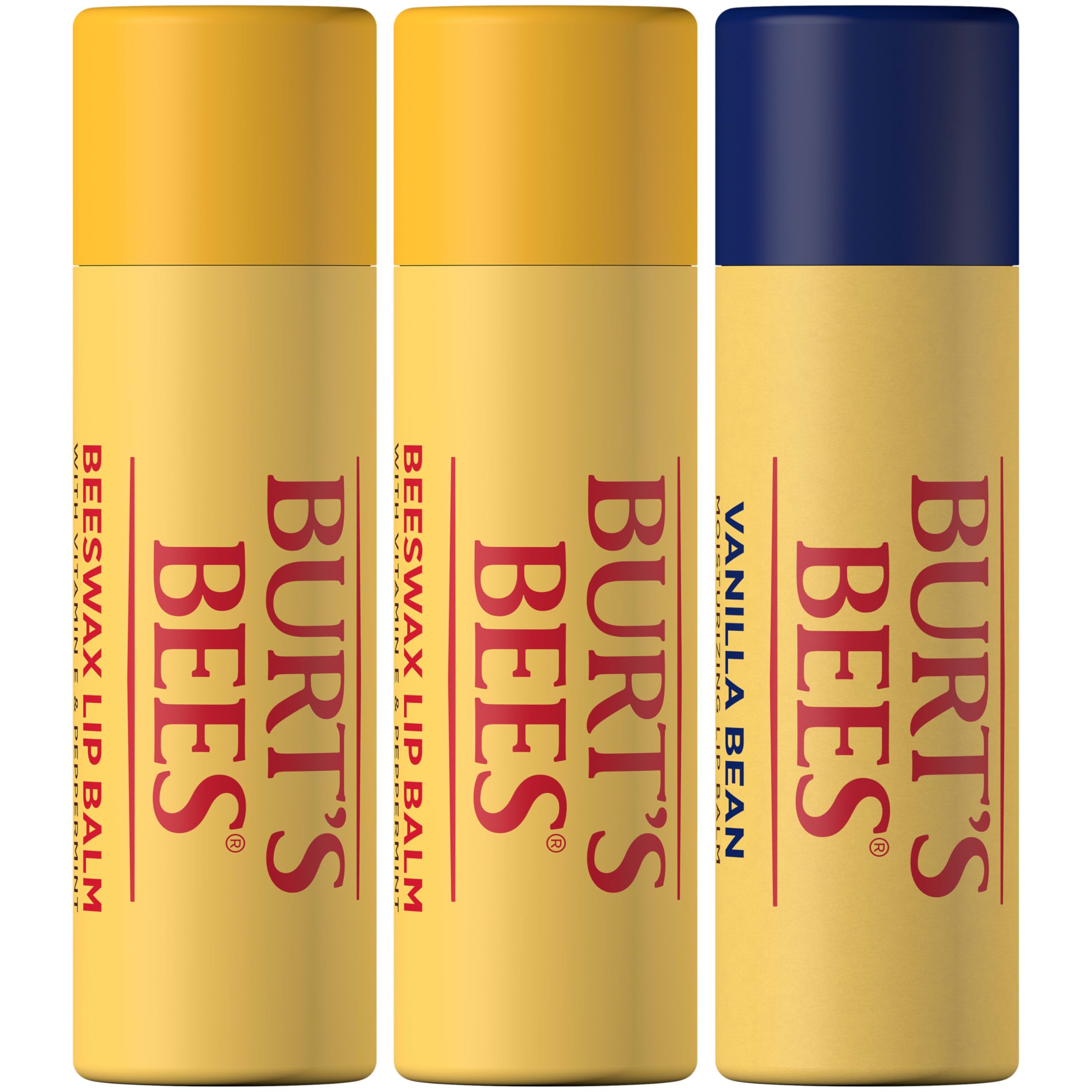 Burt's Bees Moisturizing Lip Balm, 2 Original Beeswax and 1 Vanilla Bean, 100% Natural Origin, 0.34 Ounce Each, 3 Paper Tubes, Pack May Vary