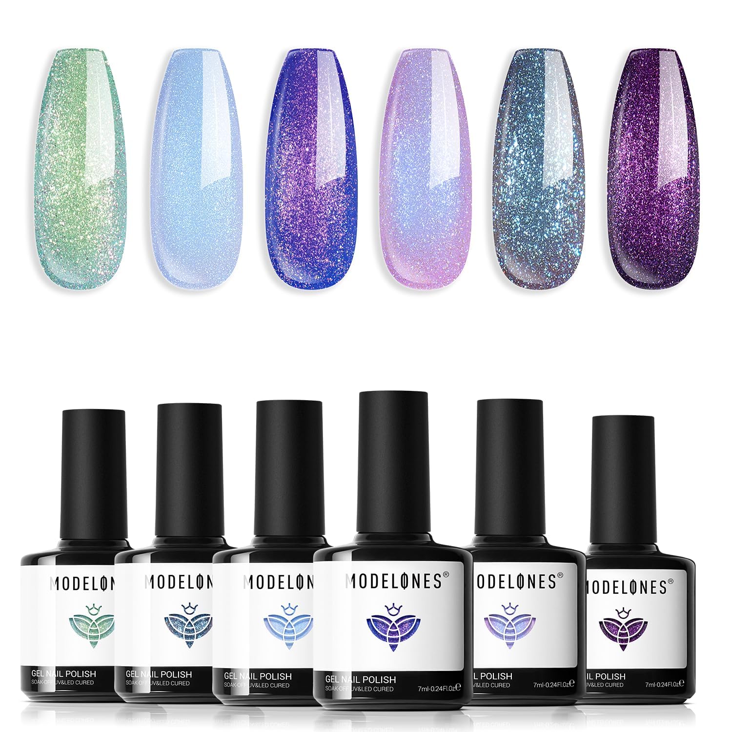 modelones Chameleon Gel Nail Polish Set- 6 Colors Fall Winter Aurora Shimmer Glitter Gel Polish Kit Blue Green Purple Nail Gel Polish Soak Off LED Nail Lamp Nail Art Gel Kit DIY Salon Gift for Women