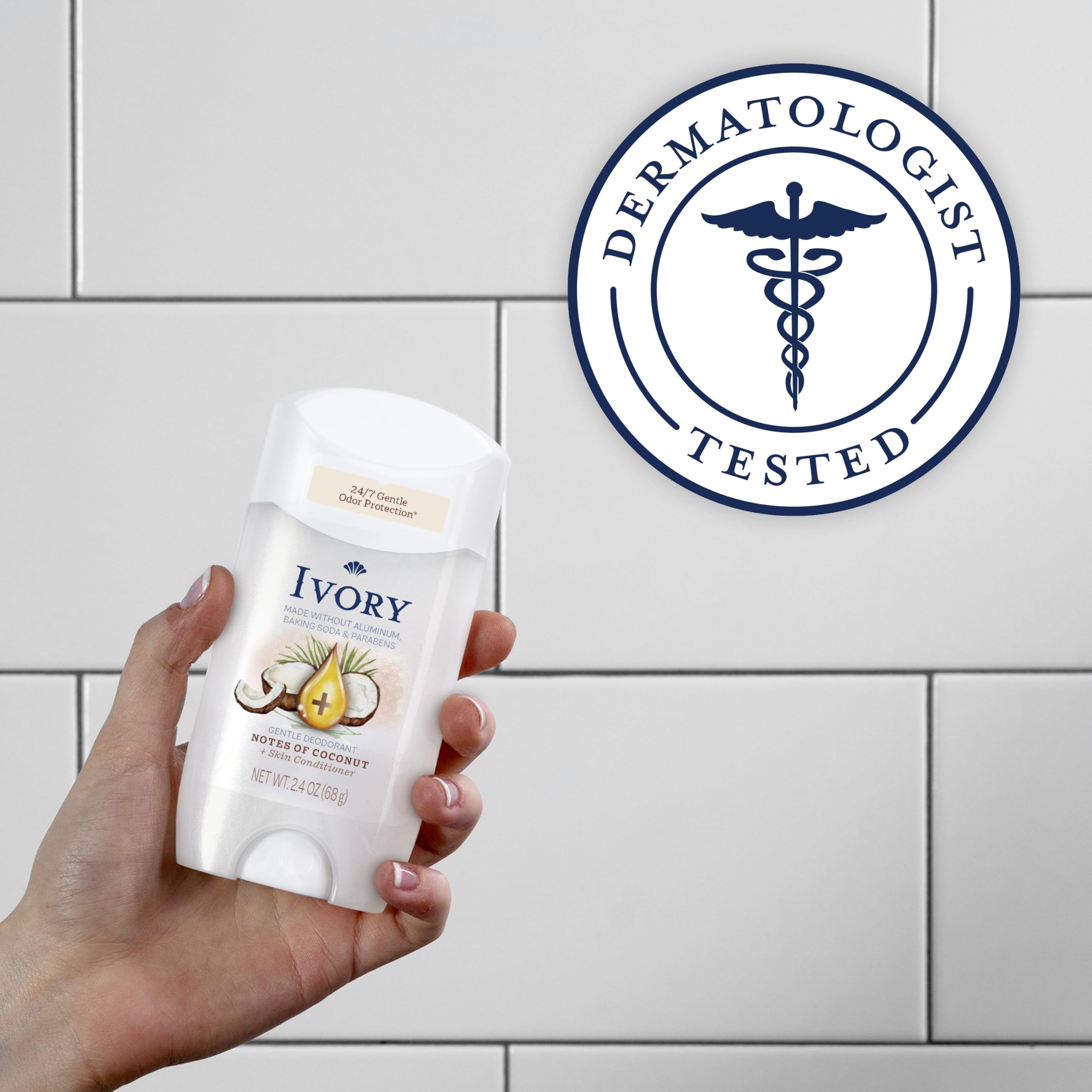 Ivory Aluminum Free Deodorant, Notes of Coconut, 24hr Gentle Deodorant, Dermatologist Tested, Baking Soda Free, Paraben Free, 2.4 oz