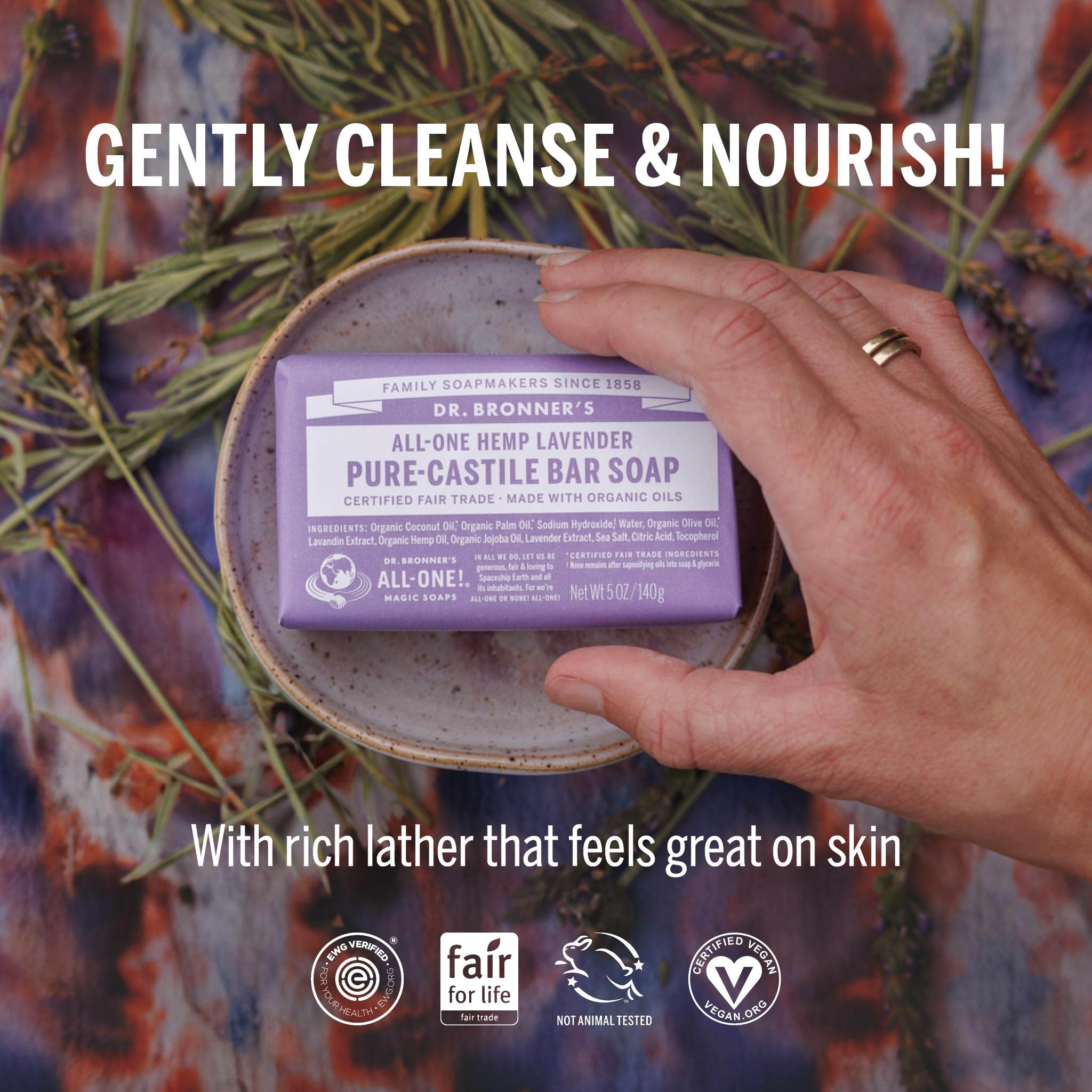 Dr. Bronner's Pure-Castile Bar Soap - Lavender, 5oz. (2 Pack)