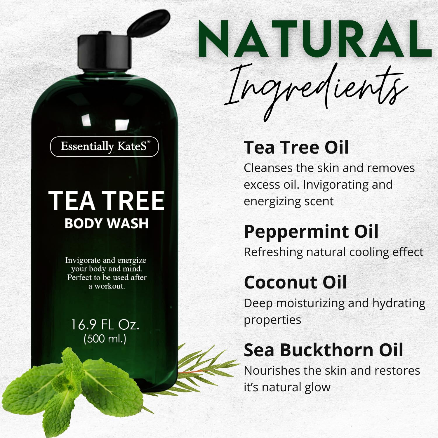 Essentially KateS Tea Tree Body Wash 16.9 fl oz - 100% Natural - Fights Body Odor & Irritation - Helps Athletes Foot, Ringworms, Jock Itch, Acne, & Eczema