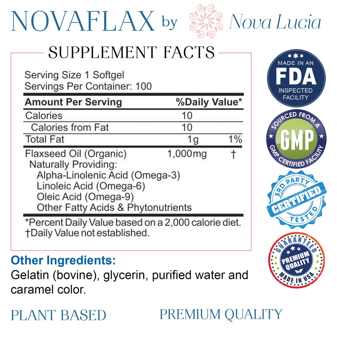 Natural Organic Flaxseed Oil 1,000 mg, Essential Omega 3 6 9 Natural ALA Healthy Hair Skin and Nails Gluten Free, Non-GMO, Hexane Free 100 Liquid Softgels