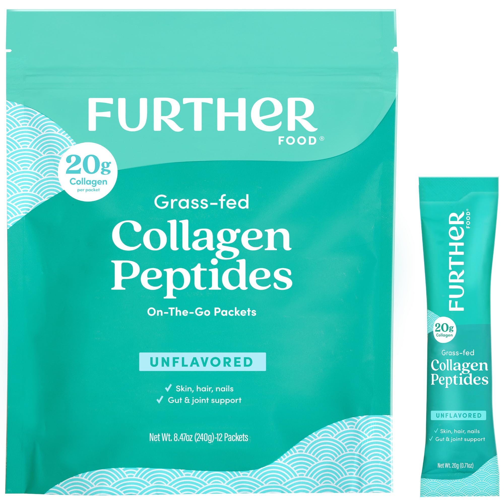Further Food Unflavored Collagen Peptides Powder Stick Packs, Grass-Fed Pasture-Raised Hydrolyzed Type 1 & 3 Protein, Gut Health + Joint, Hair, Skin, Nails, Paleo Keto Sugar-Free 8.47 oz
