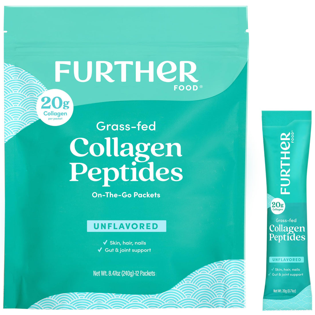 Further Food Unflavored Collagen Peptides Powder Stick Packs, Grass-Fed Pasture-Raised Hydrolyzed Type 1 & 3 Protein, Gut Health + Joint, Hair, Skin, Nails, Paleo Keto Sugar-Free 8.47 oz