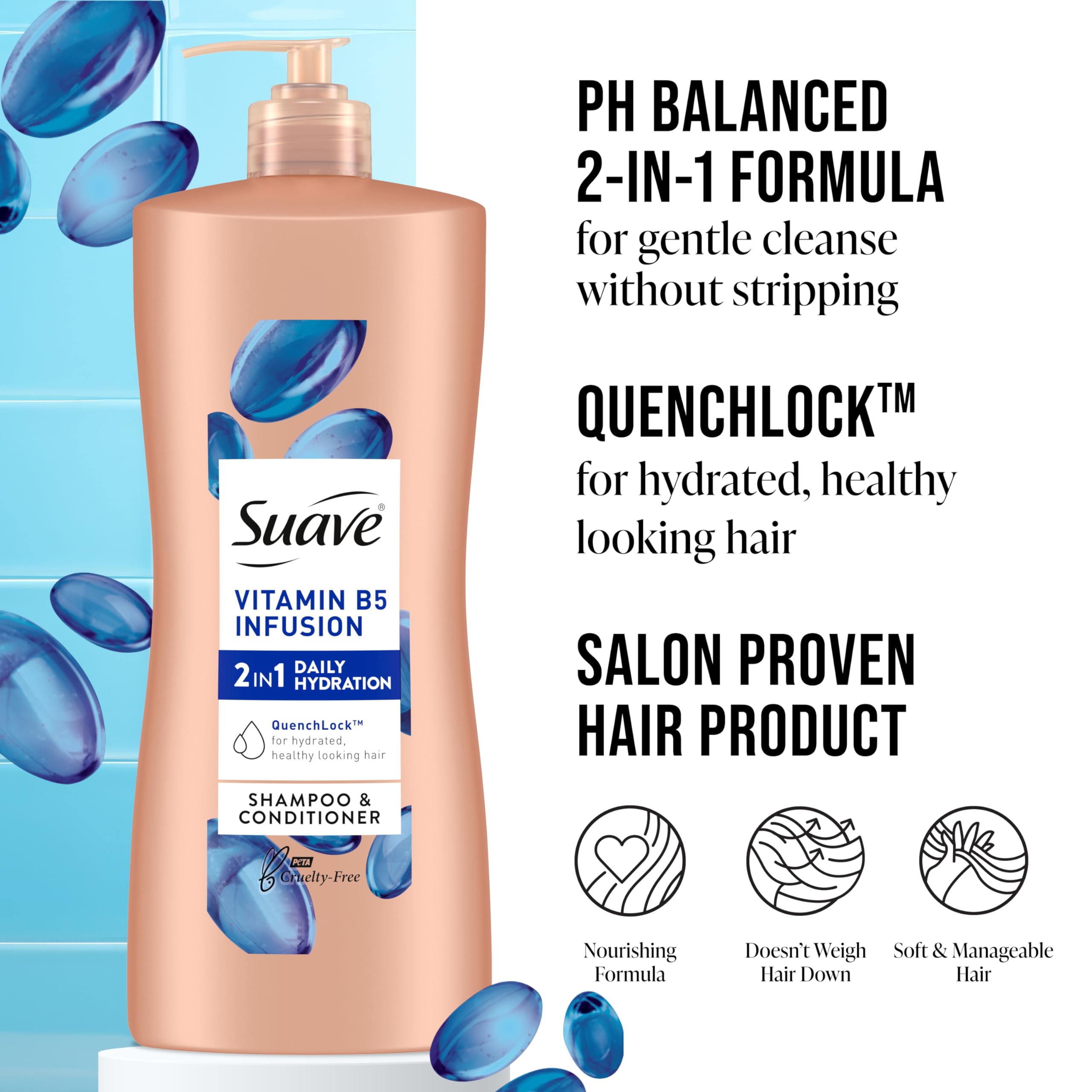 Suave 2-in-1 Moisture Shampoo & Conditioner with Vitamin B5 Infusion and pH Balanced Salon Formula, Anti-Frizz Cleansing for Dry Hair, 28 Oz (Pack of 4)