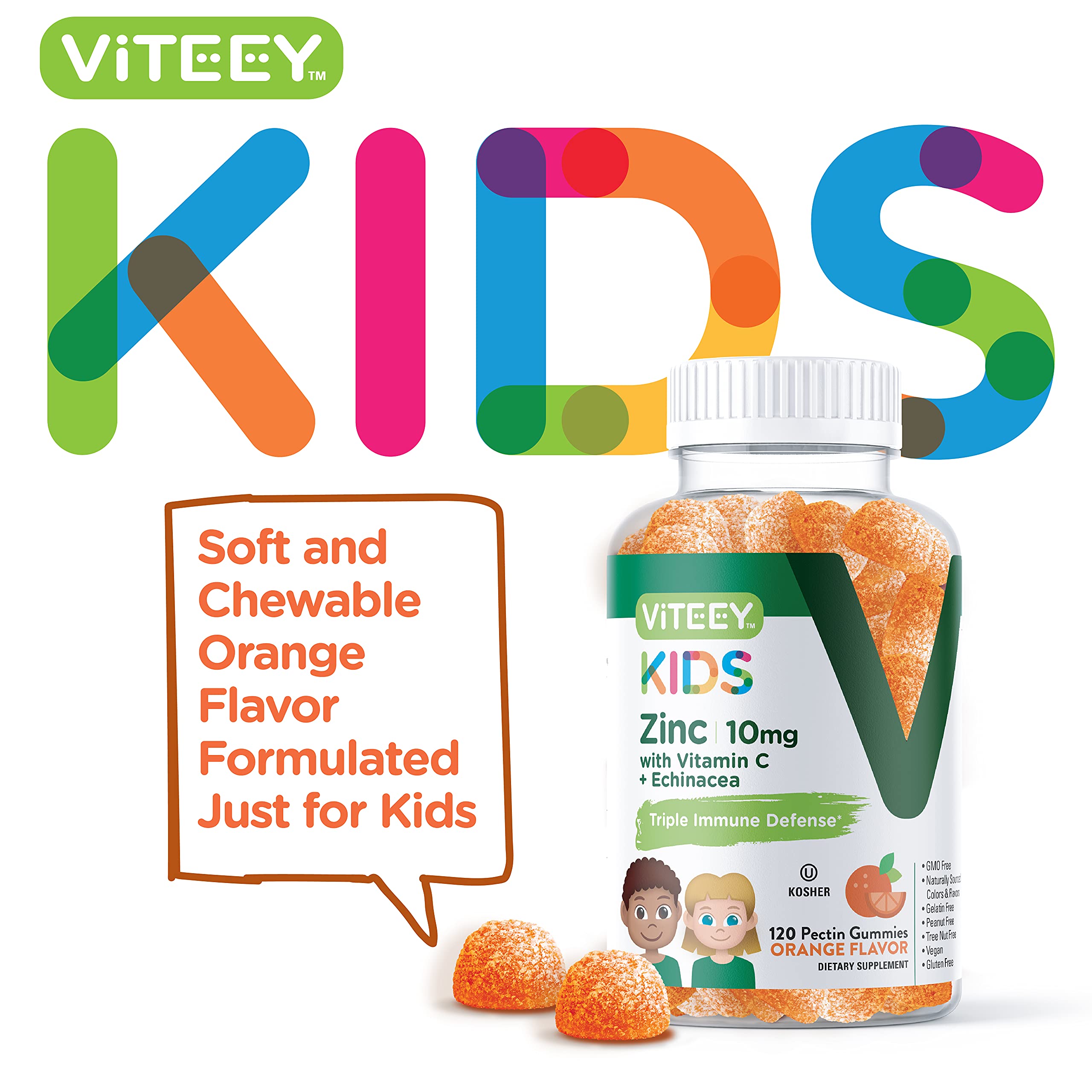 Zinc for Kids Gummies 10mg, with Vitamin C & Echinacea for Kids - Immune Support, Powerful Natural Antioxidant, Kids Zinc Vitamin Supplement - Vegan, Gelatin Free - Tasty Chewable Orange Flavor Gummy