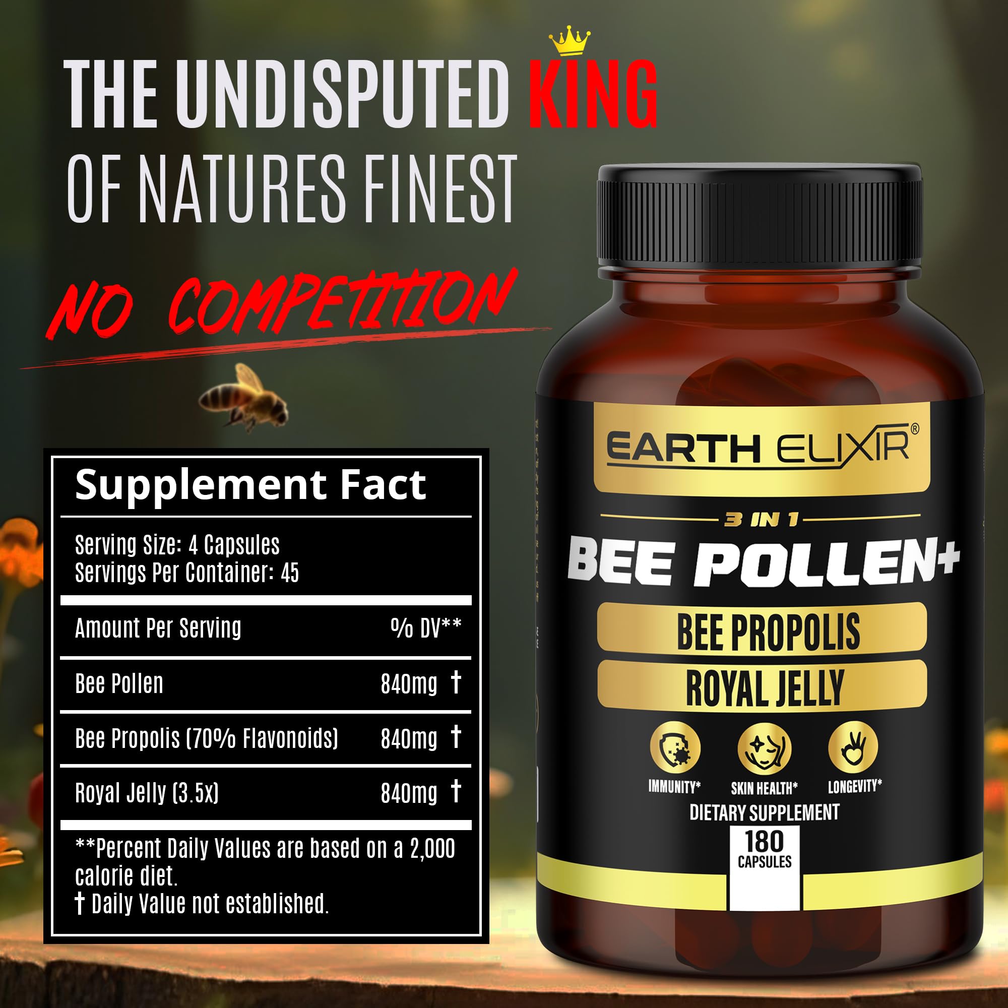 Earth Elixir 3-in-1 Bee Pollen Organic 840mg (180 Caps) W/ 840mg Bee Propolis Capsule & 840mg Royal Jelly Capsule - 3rd Party Tested - Bee Pollen Supplement - Organic Bee Pollen Capsule -No Fillers