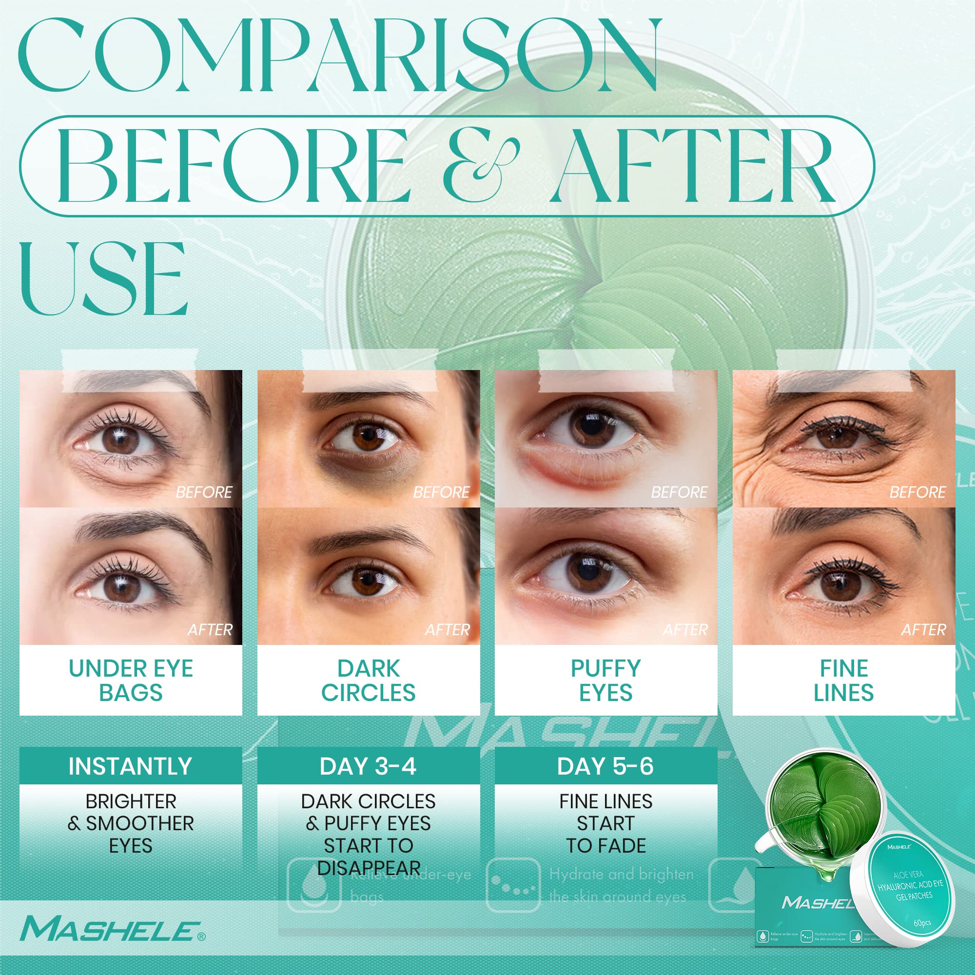 MASHELE Korean 60pcs Aloe Vera Collagen Under Eye Gel Patches Mask, Treatment for Puffy Eyes, Dark Circles, Anti Wrinkle Pads, Moisturizing for Women and Men (60pcs patches aloe vera)