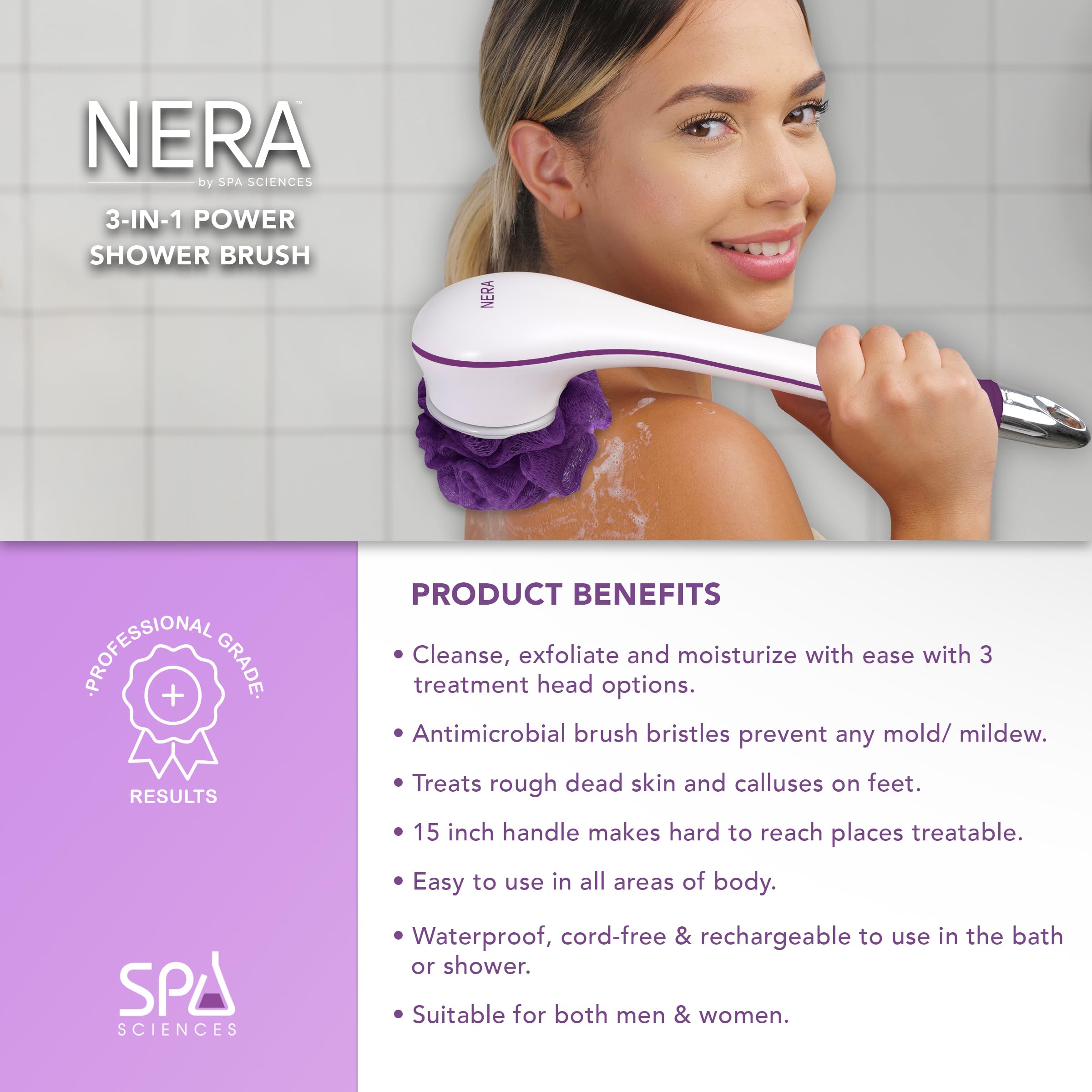 Spa Sciences - NERA Powered Shower Brush - 3-in-1 Multifunction Back & Body Brush - Exfoliation, Cleansing, Massaging - For All Skin Types - Includes Body Brush, Loofah, & Pumice Stone - USB Charging