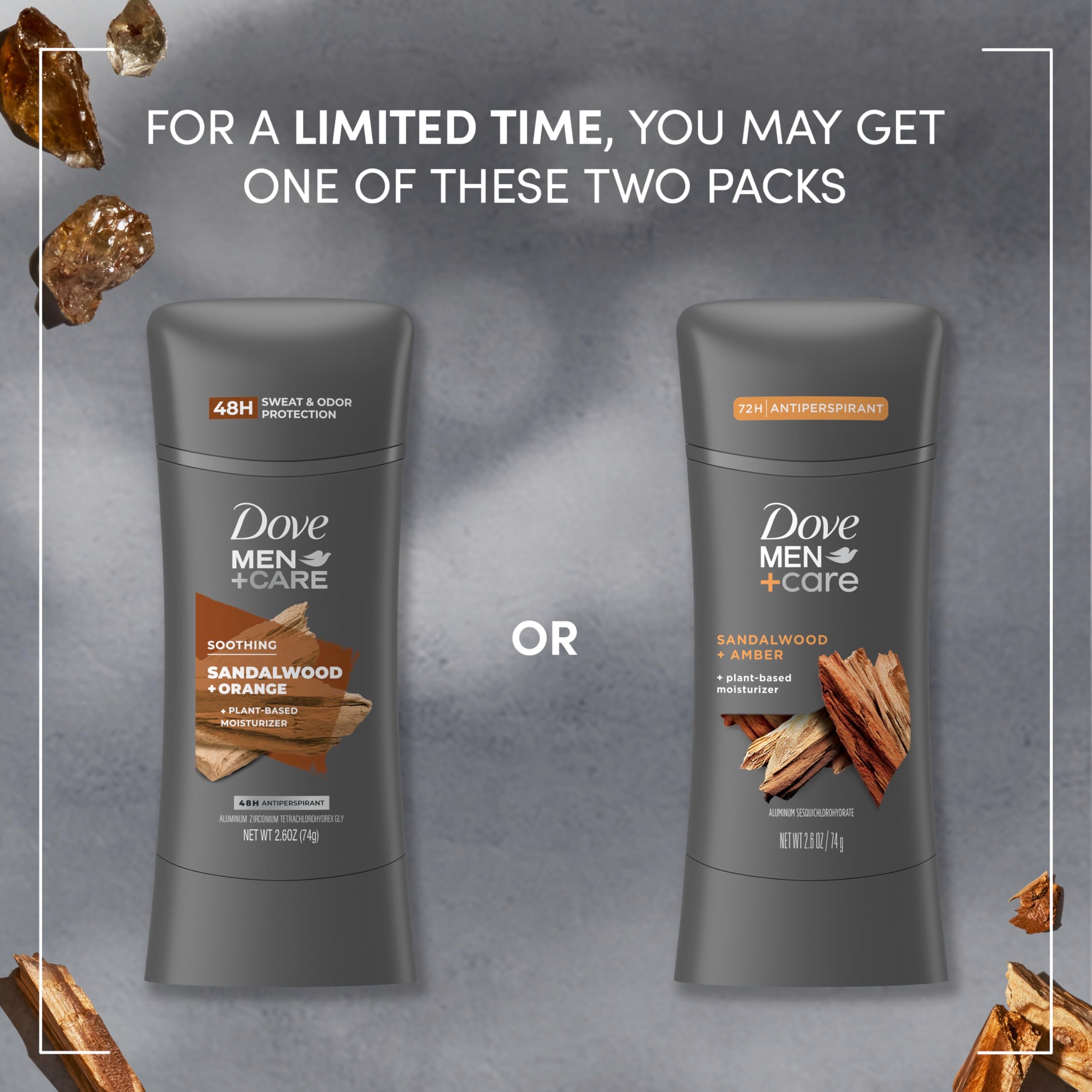 Dove Men+Care Antiperspirant Stick Sandalwood + Amber 4 Count 72H Protection with a Plant-Based Moisturizer 2.6 oz