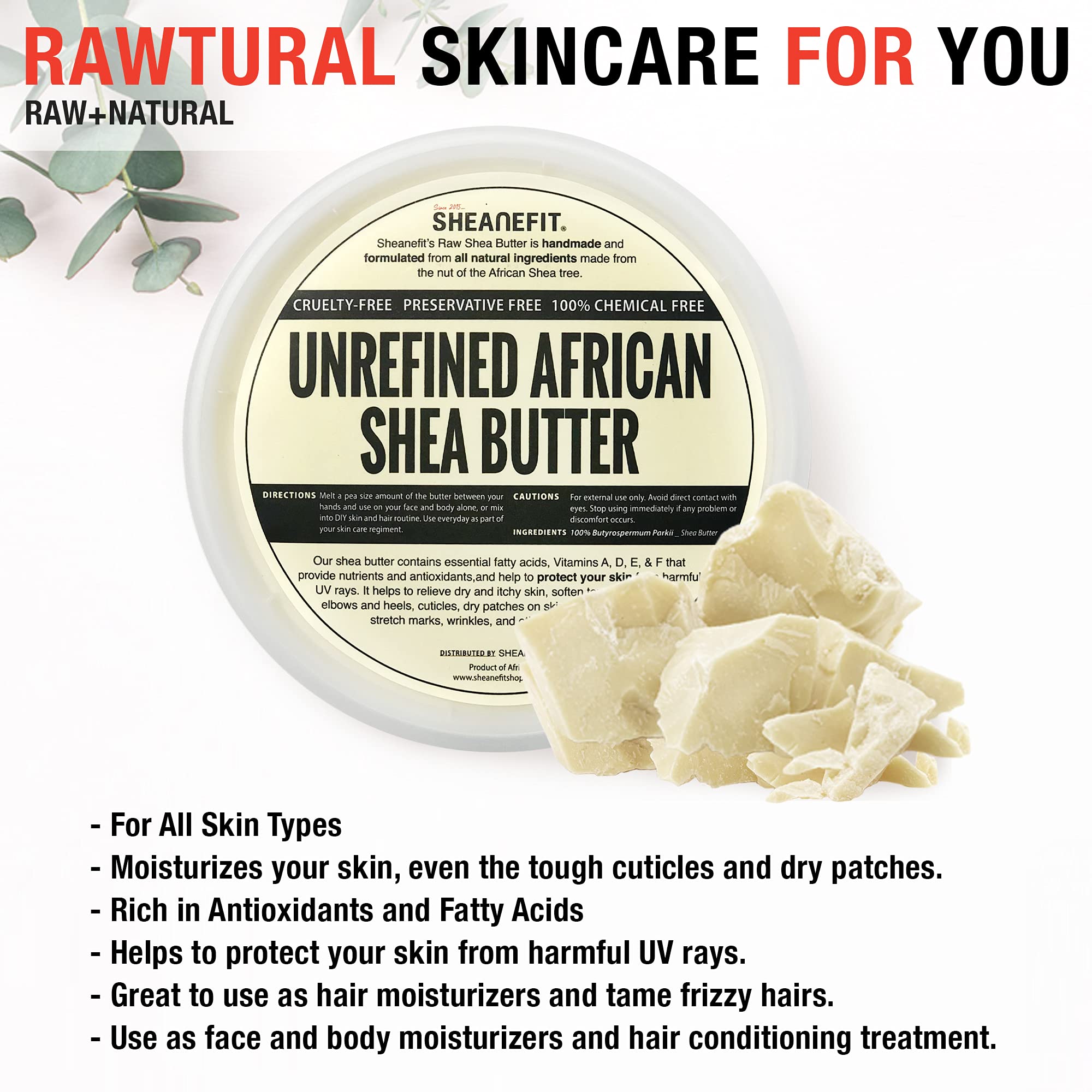 Sheanefit Raw Unrefined African Shea Butter, Natural Body Butter, Soft & Smooth Daily Moisturizer For Face & Body Ivory 16oz (Pack of 1)