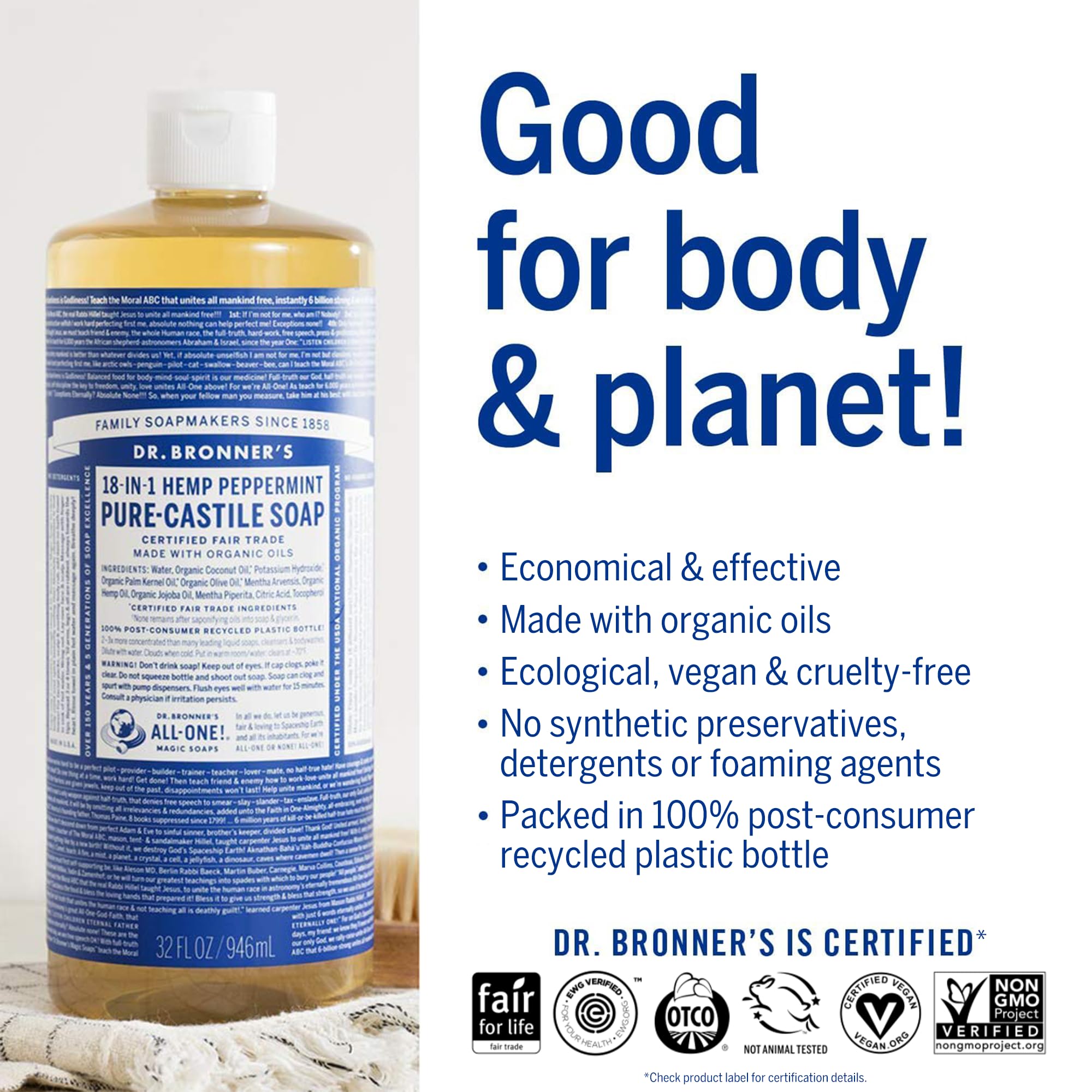 Dr. Bronner's - Pure-Castile Liquid Soap (Peppermint, 25 Ounce) - Made with Organic Oils, 18-in-1 Uses: Face, Body, Hair, Laundry, Pets and Dishes, Concentrated, Vegan, Non-GMO