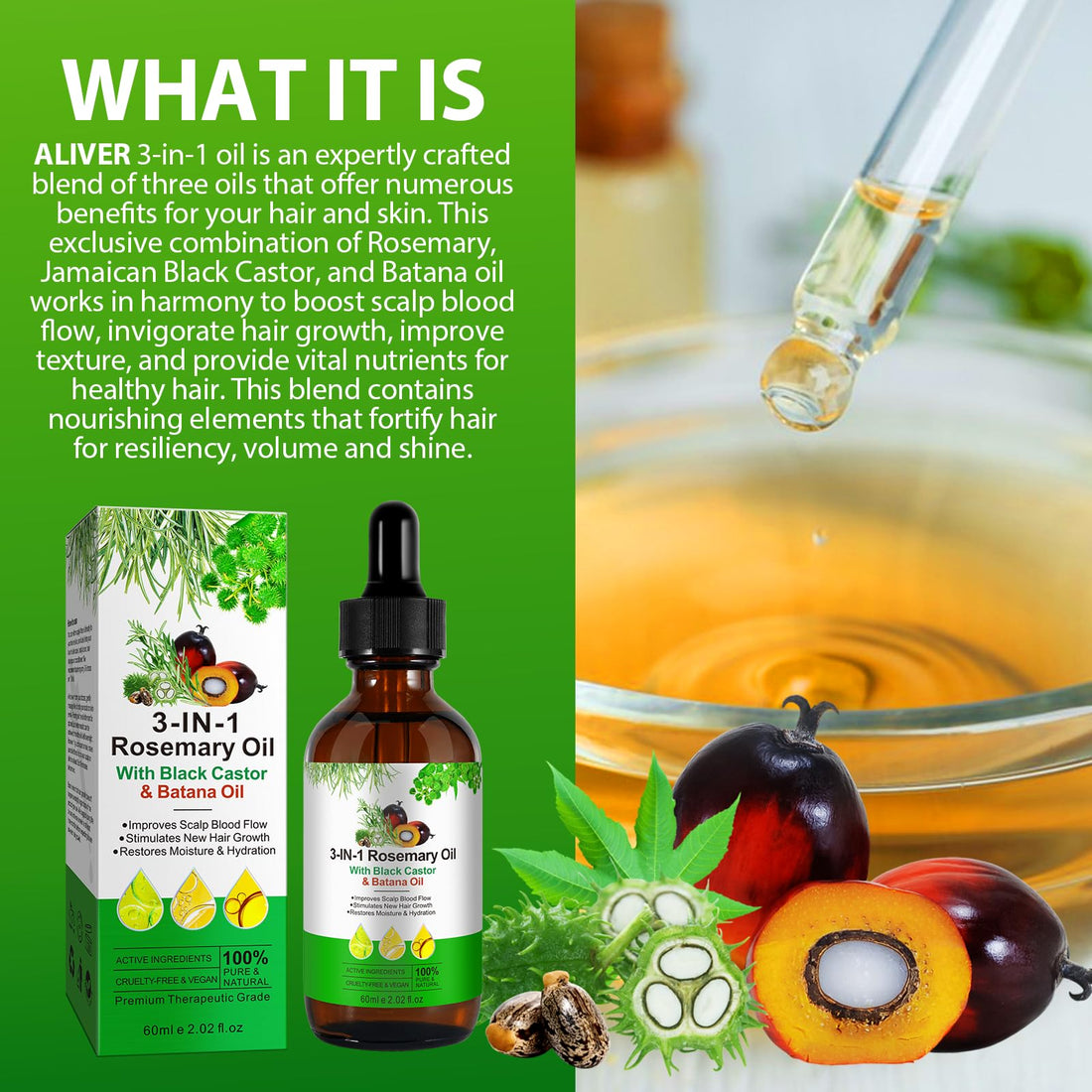 Batana Oil for Hair Growth 2.02Fl Oz- 100% Pure Cold Pressed Organic - Natural Treatment Eyelashes & Eyebrows, Skin Care,Body Massage