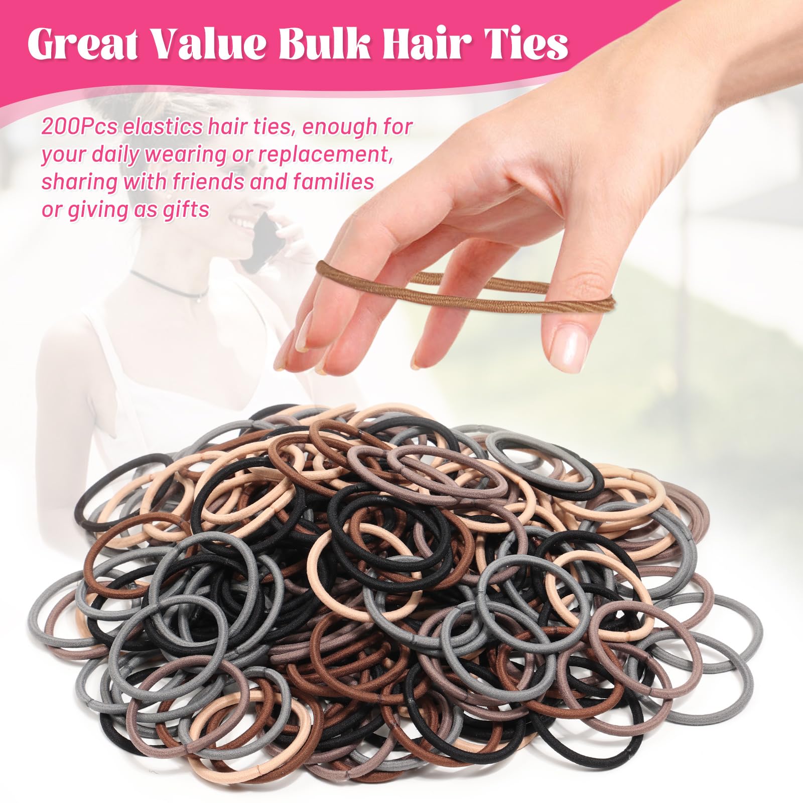Anezus 200 Pcs Multi-Colored Hair Ties for Thick Hair, Elastics Hair Ties Bulk Hair Bands for Women, Men and Girls(4mm)