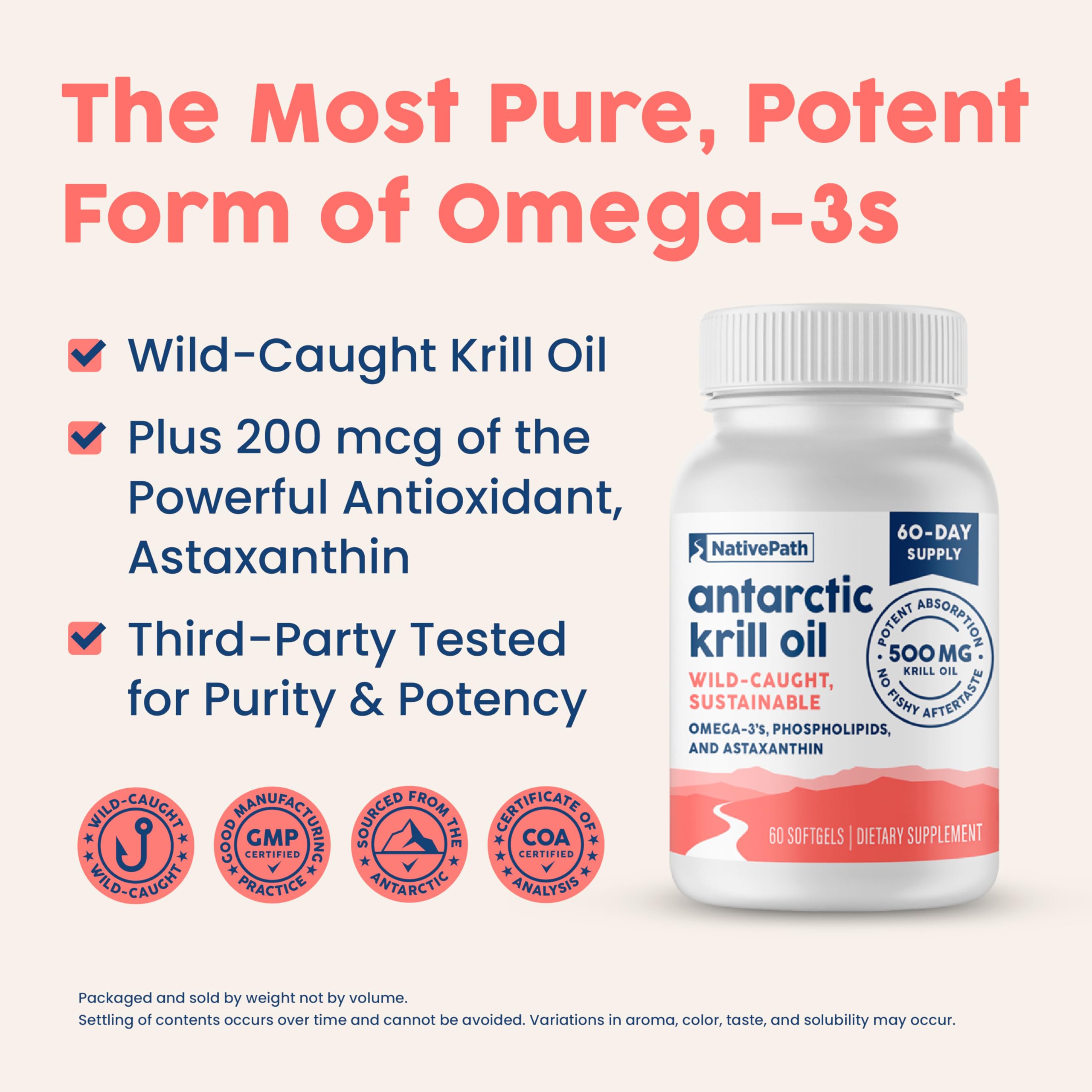 NativePath Antarctic Krill Oil - Wild-Caught Omega 3 Krill Oil 500mg Softgels with EPA, DHA and Astaxanthin - Supplement for Joint, Heart, Brain and Immunity - 60 ct - No Fishy Aftertaste