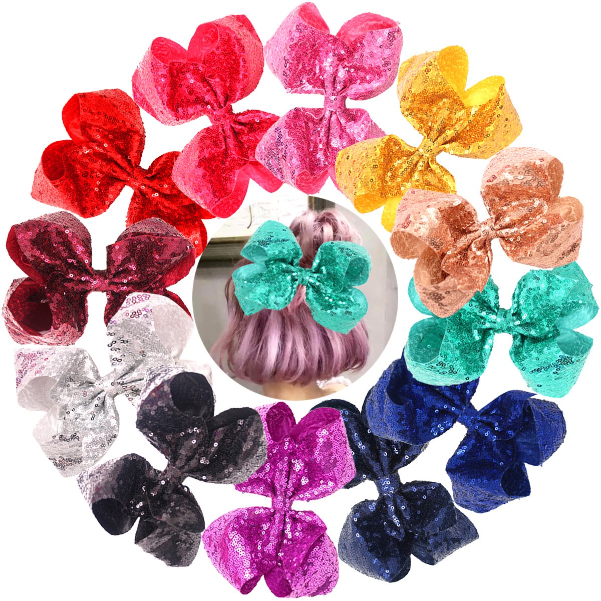 CÉLLOT Oversize Bows for Girls,Glitter Sparkle Flip Sequins 8 inch Big Hair Bows Alligator Clips for Baby Girls Toddlers Kids and Teens,Pack of 12