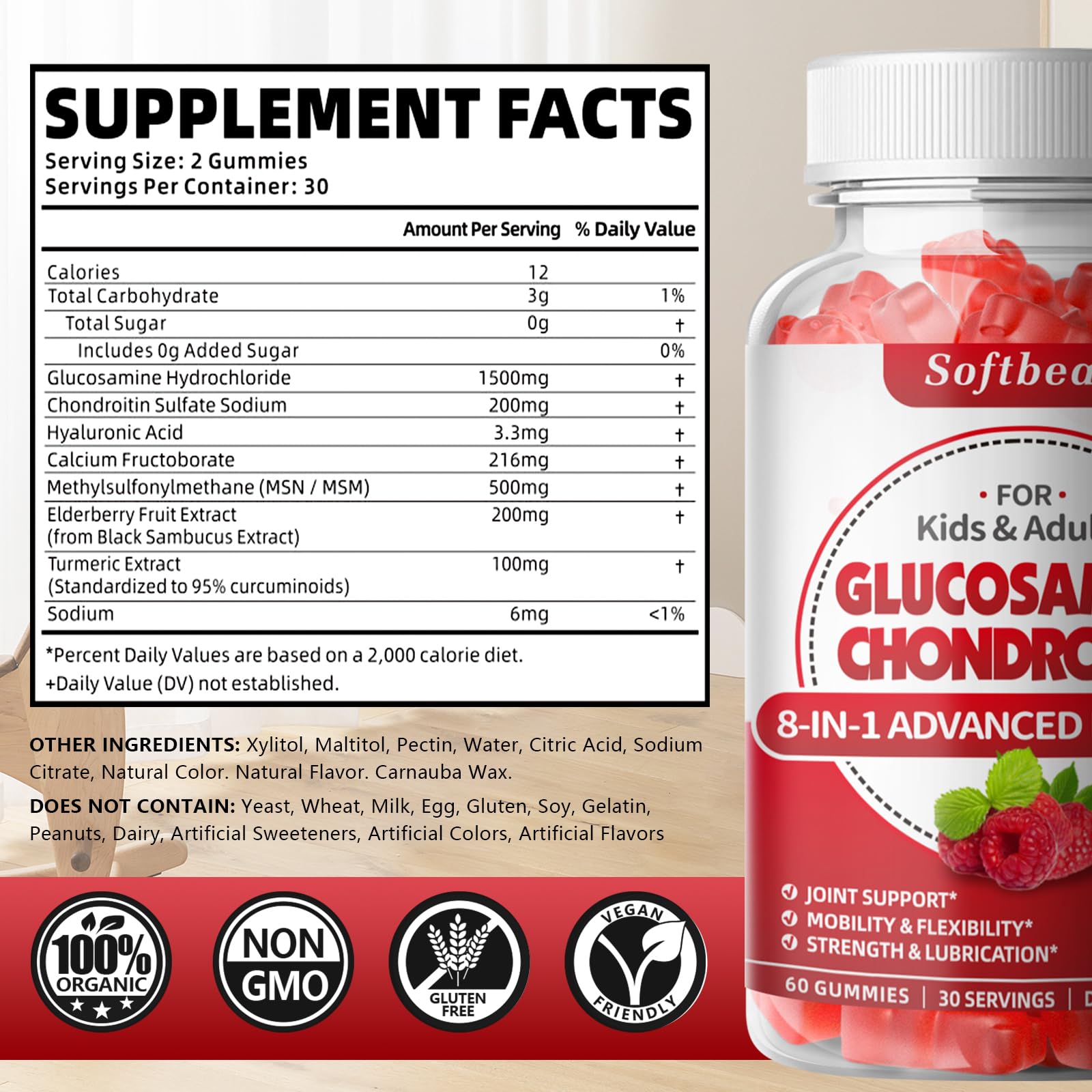 softbear Glucosamine Chondroitin Gummies Sugar Free, Extra Strength Glucosamine Chondroitin Supplement for Natural Joint Support, Raspberry Flavored 60 Count