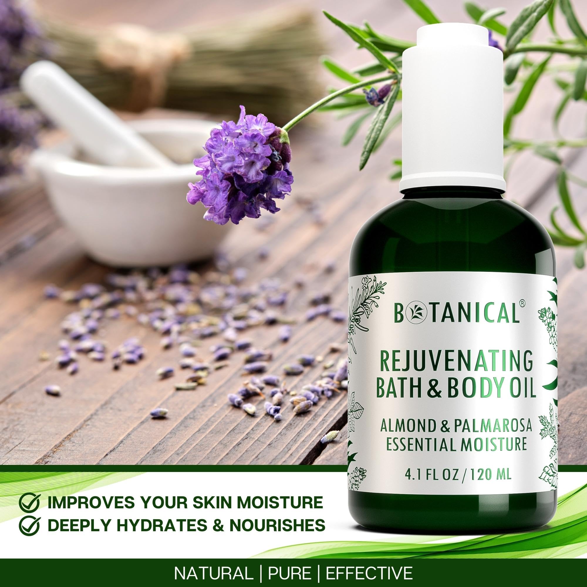 Botanical Bath & Body Oil | Rejuvenating Almond & Palmarosa | Organic, Pure, Natural Skincare (4.1 fl oz | 120 ml)