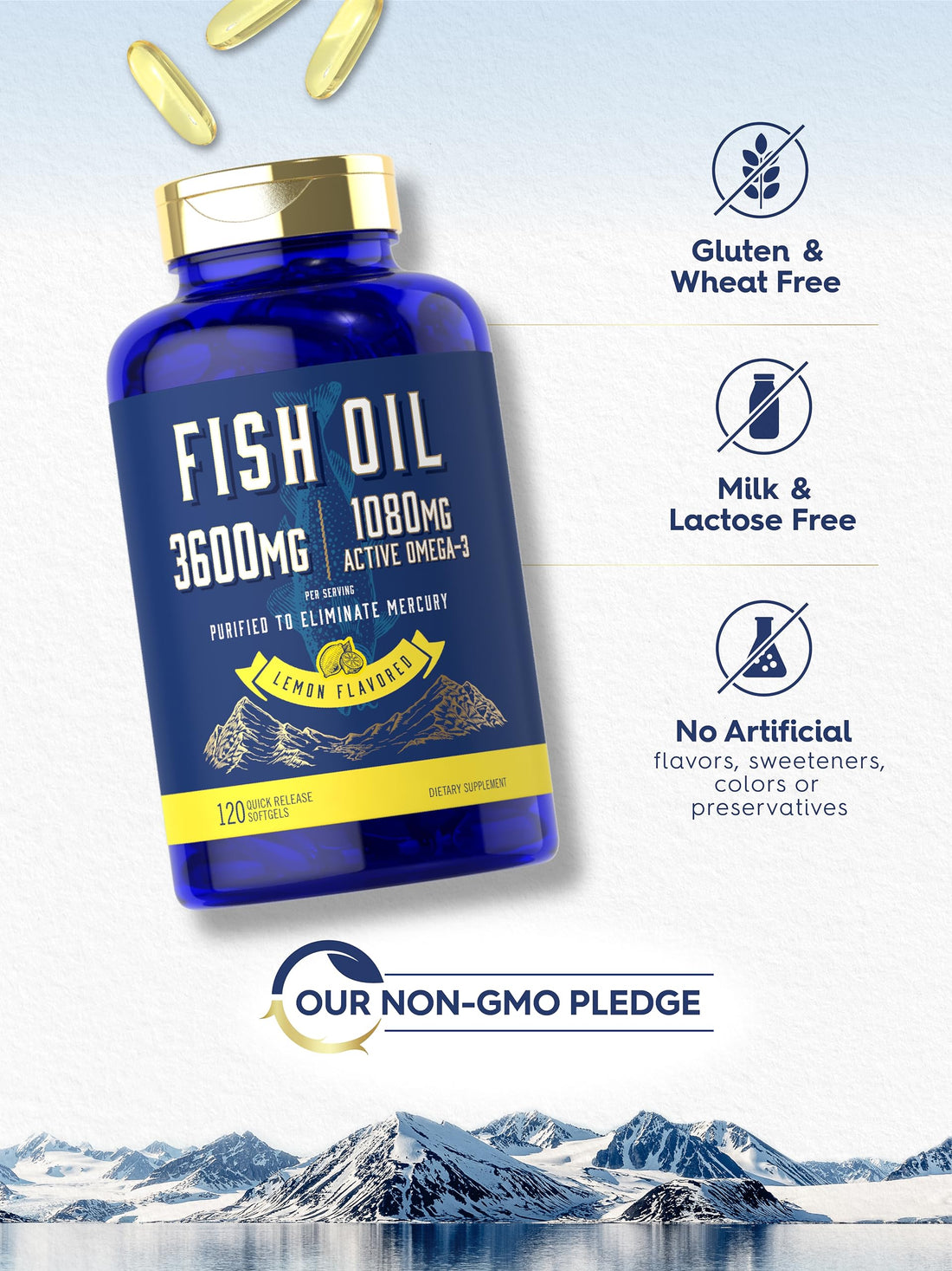 Carlyle Fish Oil 3600mg | 1080mg Omega 3 | 120 Count | Non-GMO and Gluten Free Supplement