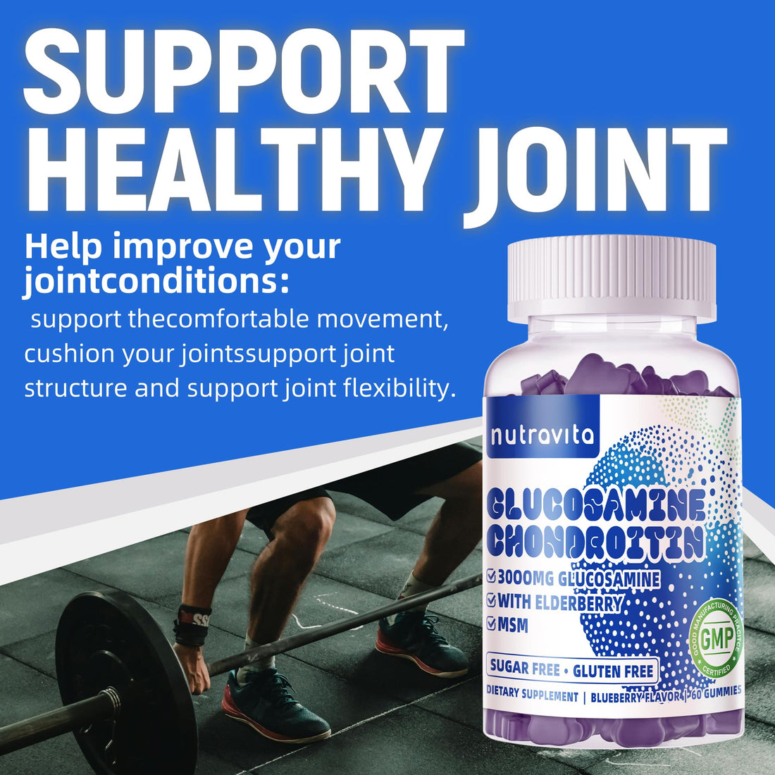 Nutravita Glucosamine Chondroitin Gummies with MSM & Elderberry Extra Strength - Joint Support, Antioxidant Immune Support Supplement for Adults, Men & Women.60 Blueberry Chews