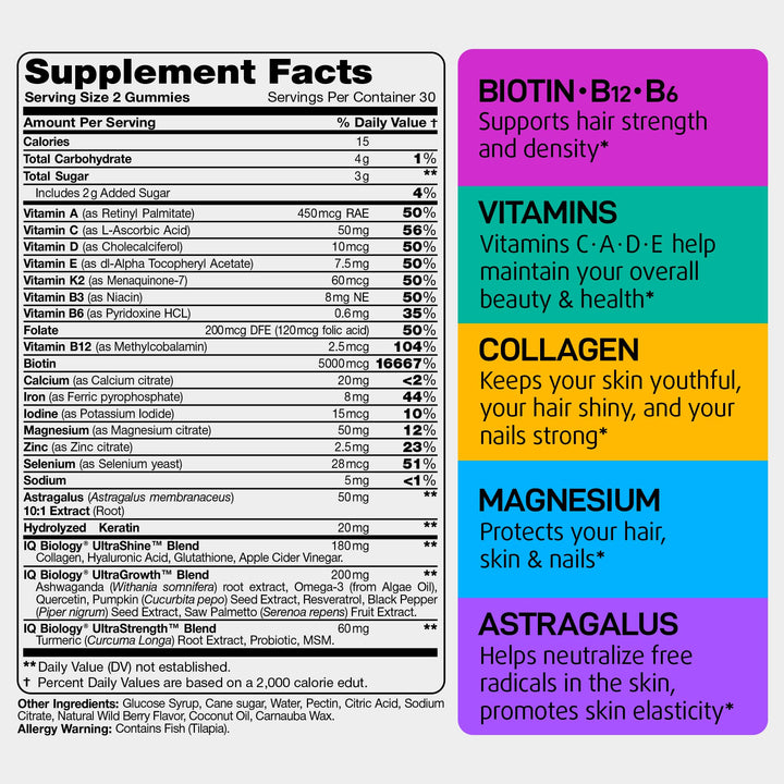 Hair Skin and Nails Gummies with Biotin Collagen Keratin - Hair Growth Supplement & Hair Vitamins for Hair Loss for Women & Men - Hair Skin and Nails Multivitamin Biotin (B7) Gummies - 60 Gummy Bears