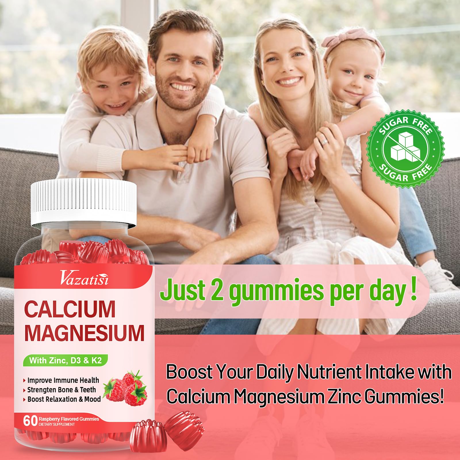 Calcium Magnesium Zinc Gummies with Vitamin D3 & K2, High Absorption Magnesium Glycinate Potassium for Immune and Calm Mood, Raspberry Flavor 120 Gummies