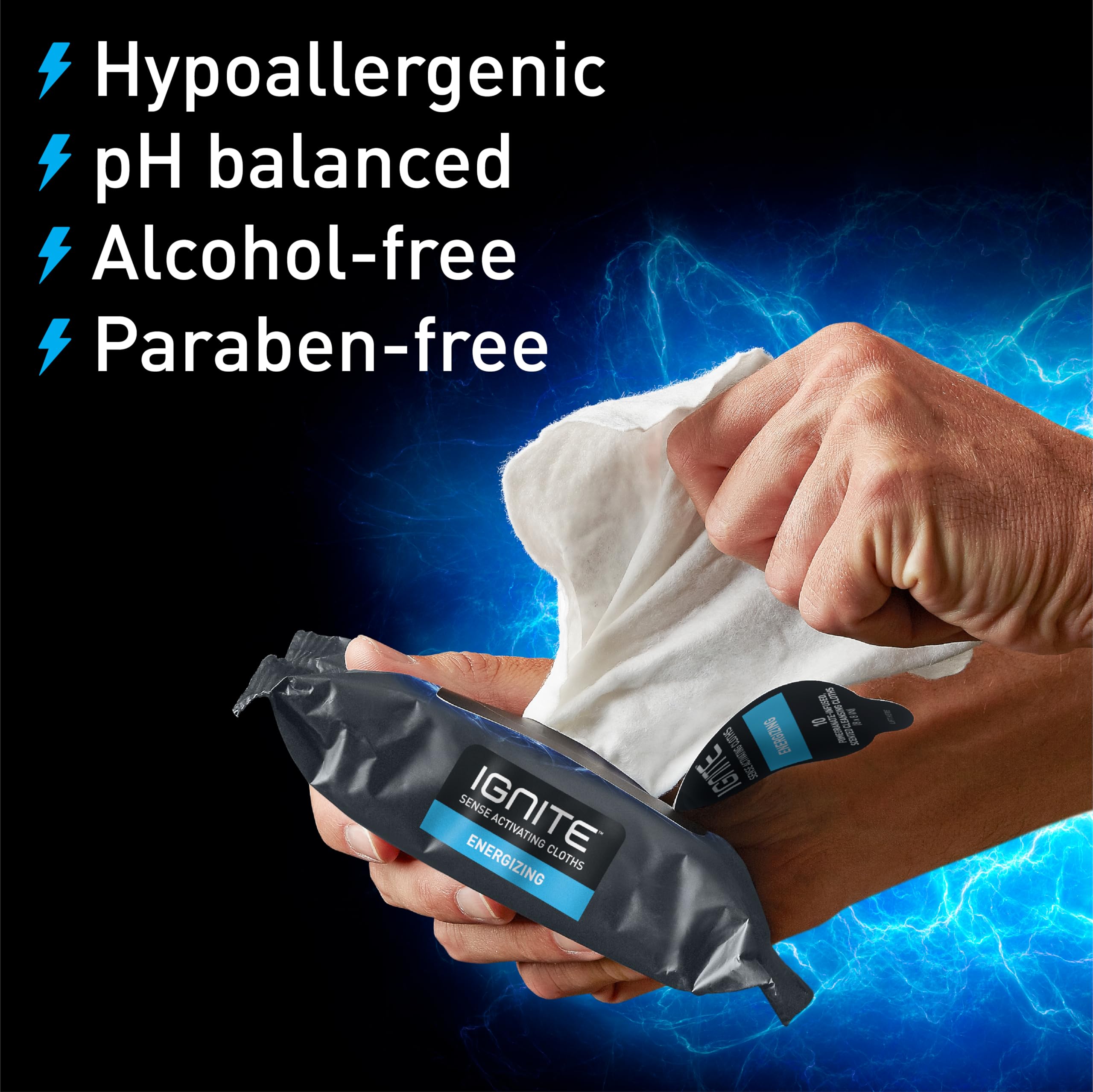 Ignite Mens Body Wipes, Shower Wipes With Bold Energizing Scent, 10 Wipes, Great for After Gym Wipes, Camping Wipes, Travel wipes, Extra Thick 8 X 8 Wipes