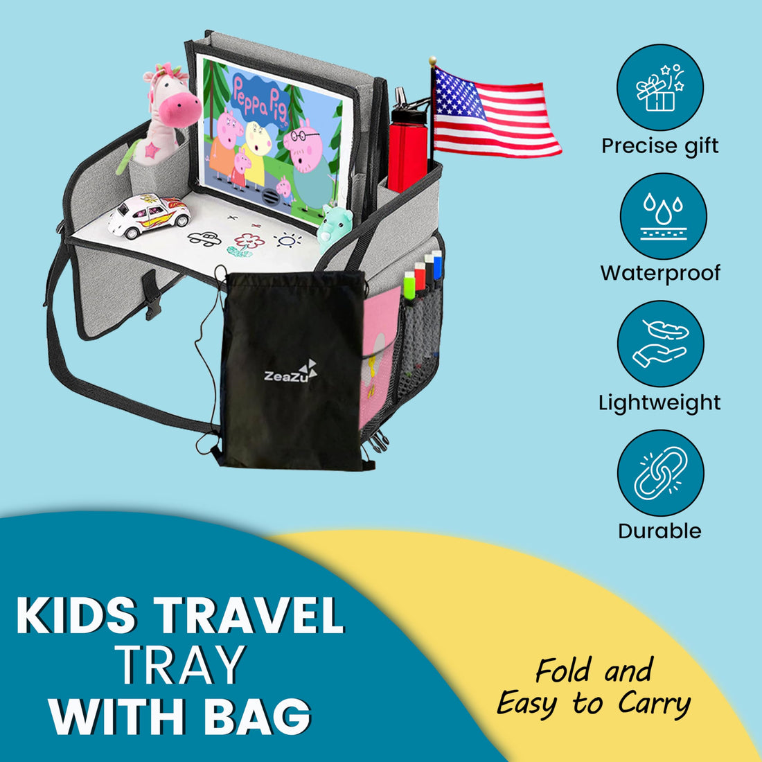 ZEAZU Kids Travel Tray - Foldable Toddler Lap Desk with Dry Erase Board, Car Seat Tray for Toddler, Waterproof Lap Tray for Airplane Kids Travel Essentials for Road Trip Activities, Silver