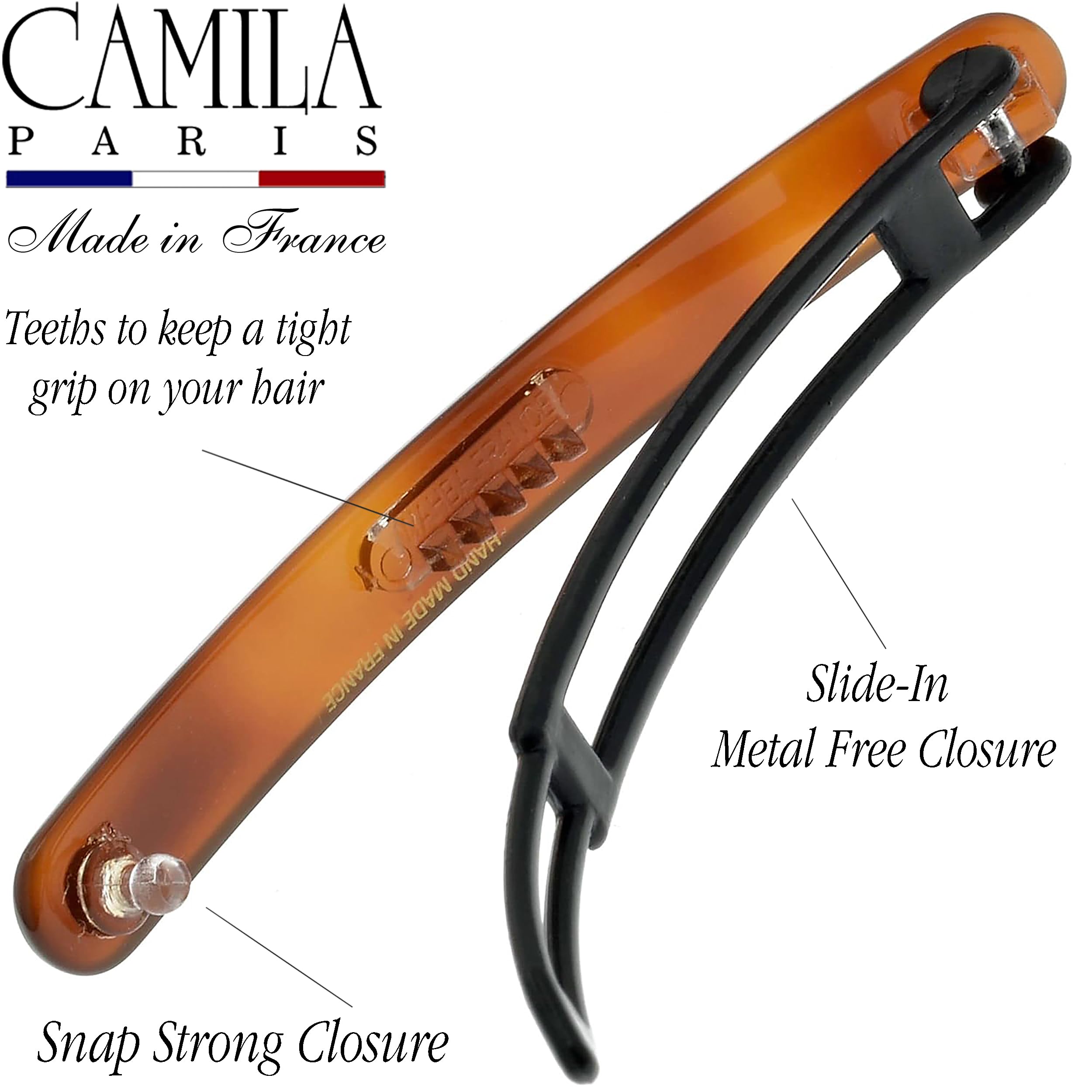 Camila Paris CP2250/2 French Hair Slides Clips for Women, Handmade, Girls Side Slide-in Barrette Clip, Hair Accessories for Women. Strong Hold No Slip Grip Fashion Durable and Styling, Made in France