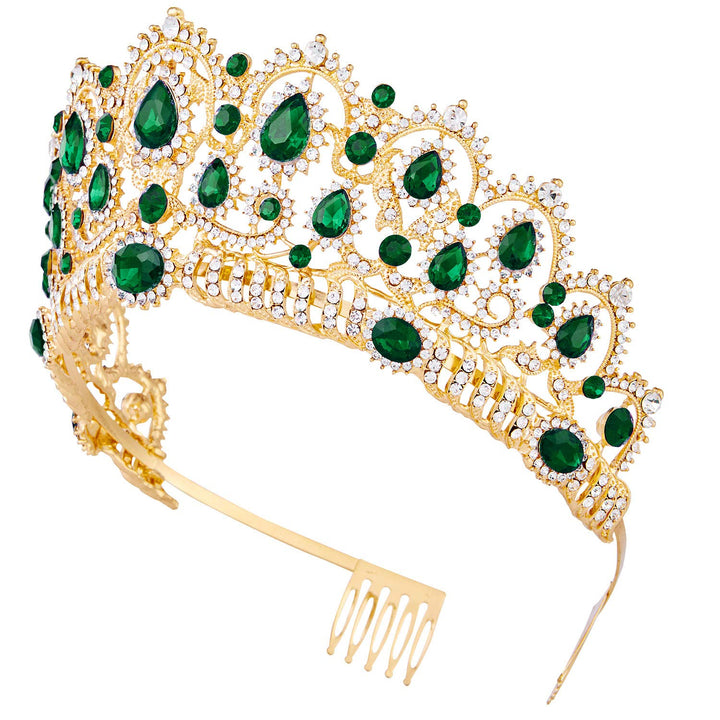 Tiara,Vofler Gold Crown Baroque Vintage Headband Crystal Green Rhinestone Emerald Hair Jewelry Decor for Women Queen Lady Girl Bride Princess Birthday Wedding Pageant Halloween Costume Party with Comb