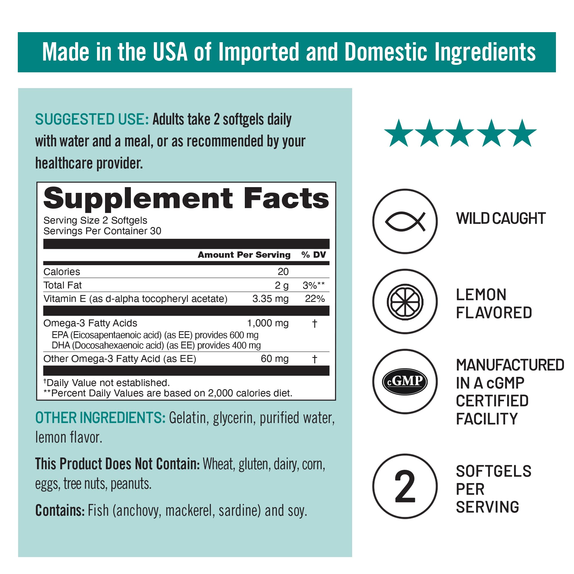 NatureWise Extra-Strength Omega 3 Fish Oil Supplement - 1000mg per Serving - 600 EPA & 400 DHA and Vitamin E - Support for Heart & Brain Health - Lemon Flavor, GMO-Free - 60 Softgels[1-Month Supply]