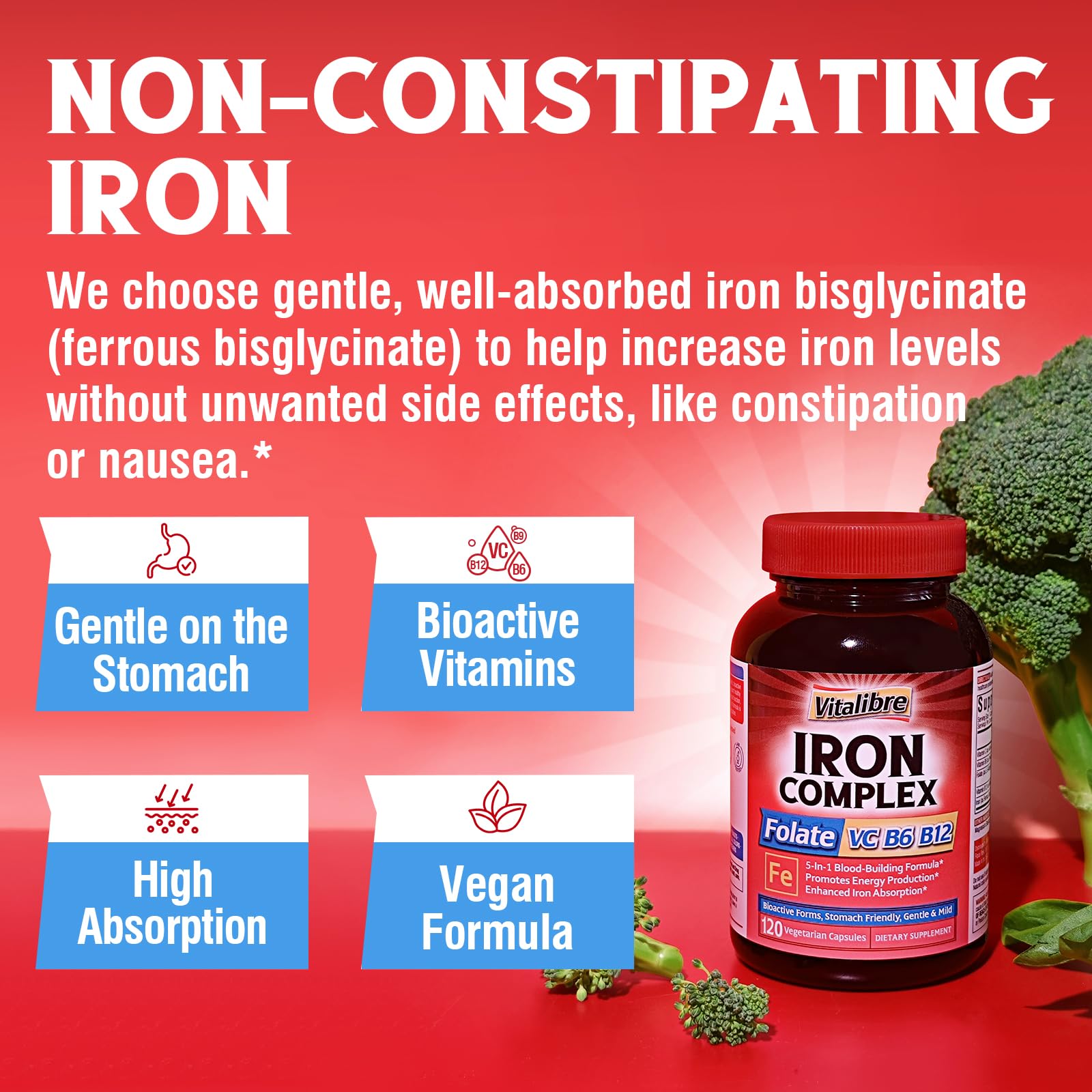 Iron Supplement for Women & Men, with Vitamins C, B6, B12 & Folate for Iron Deficiency, Blood Building & Energy Support, Stomach Friendly, Better Absorption, Non-GMO,No Gluten,120 Vegan Caps