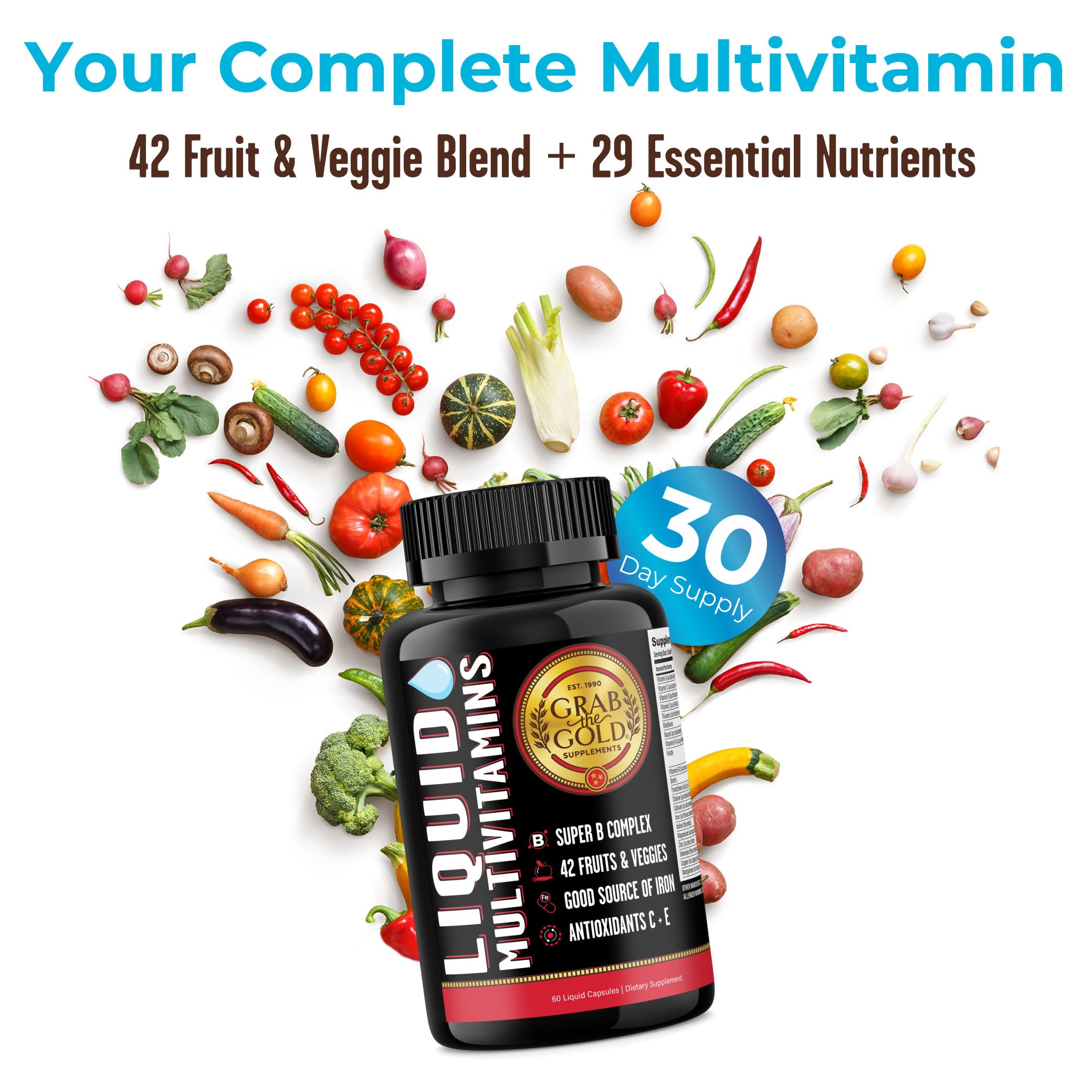 Grab The Gold Liquid Multivitamin Capsules - Fast Absorption, Energy Boost - 42 Fruits & Veggies, Good Source of Iron, Antioxidants