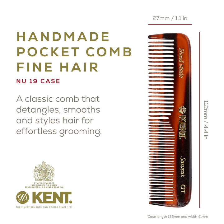 Kent Authentic Handmade Pocket Comb with Metal File and Real Calf Leather Case, Dark Brown, 110mm