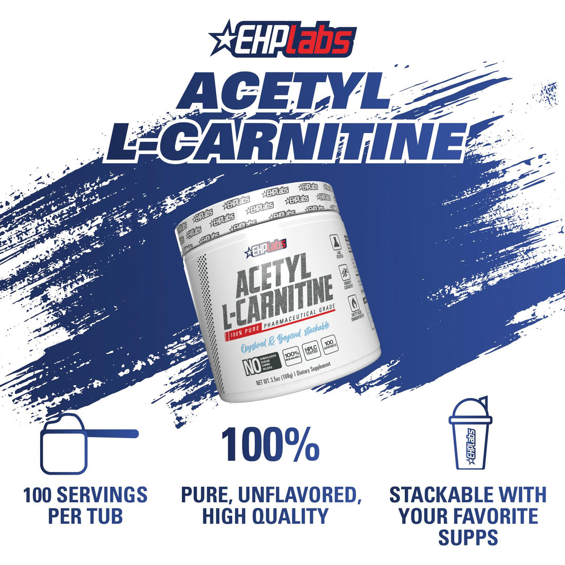 EHP Labs Acetyl L Carnitine Powder - Supports Natural Energy Production, Assists in Healthy Brain Function, Supports Heart Health, Vegan, Gluten Free, Non GMO - 100 Servings
