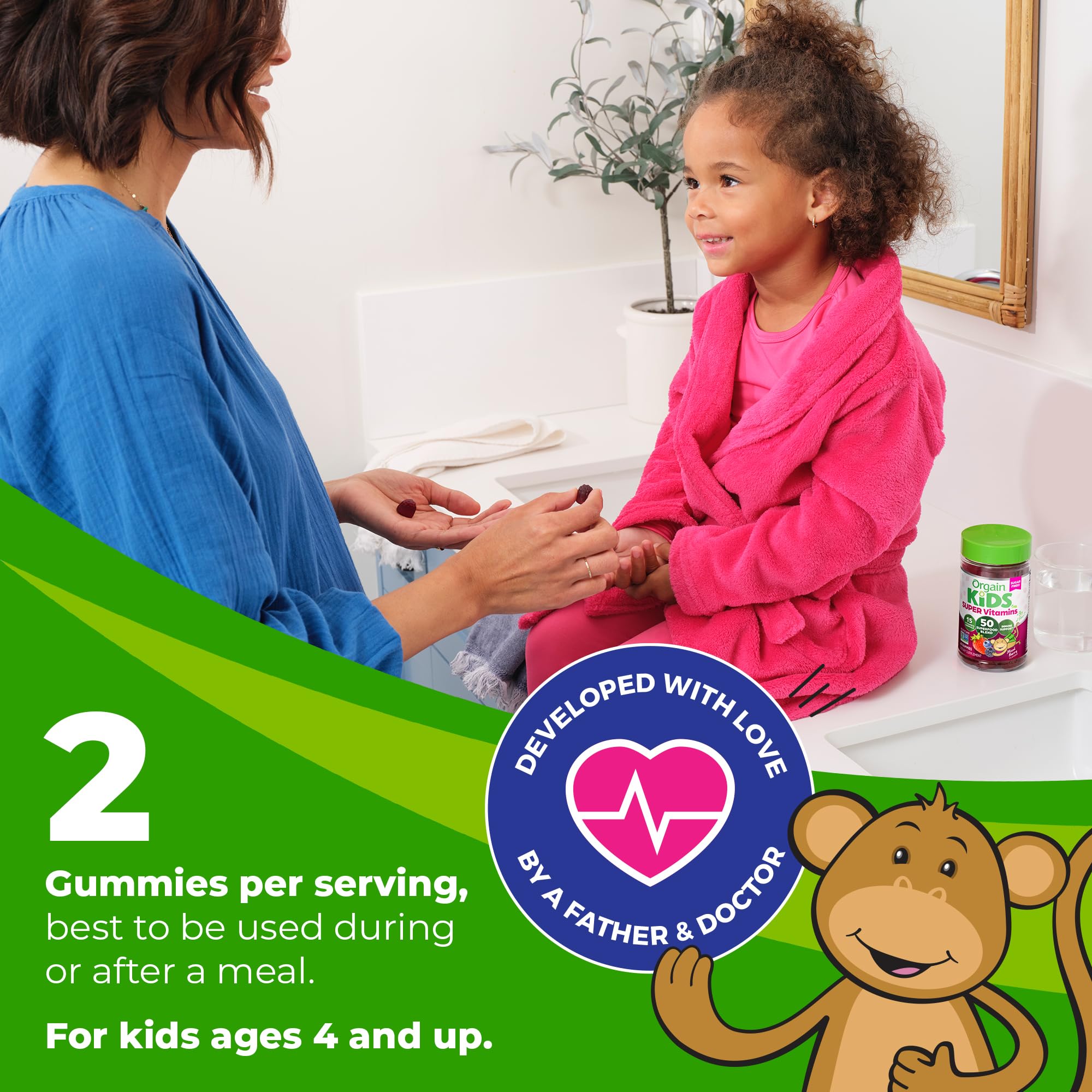 Orgain Kids Sugar Free Multivitamin Gummies, Vegan & Plant Based, 50 Superfoods, 15 Vitamins and Minerals, Immune Support and 3g of Fiber, Mixed Berry, Ages 4+, 1 Month Supply (60 Gummies)