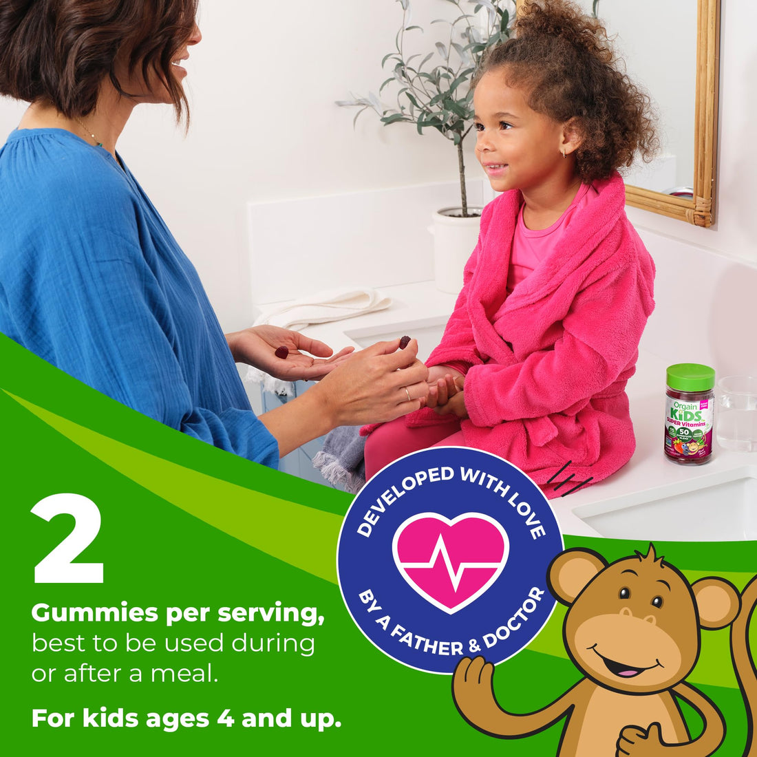 Orgain Kids Sugar Free Multivitamin Gummies, Vegan & Plant Based, 50 Superfoods, 15 Vitamins and Minerals, Immune Support and 3g of Fiber, Mixed Berry, Ages 4+, 1 Month Supply (60 Gummies)