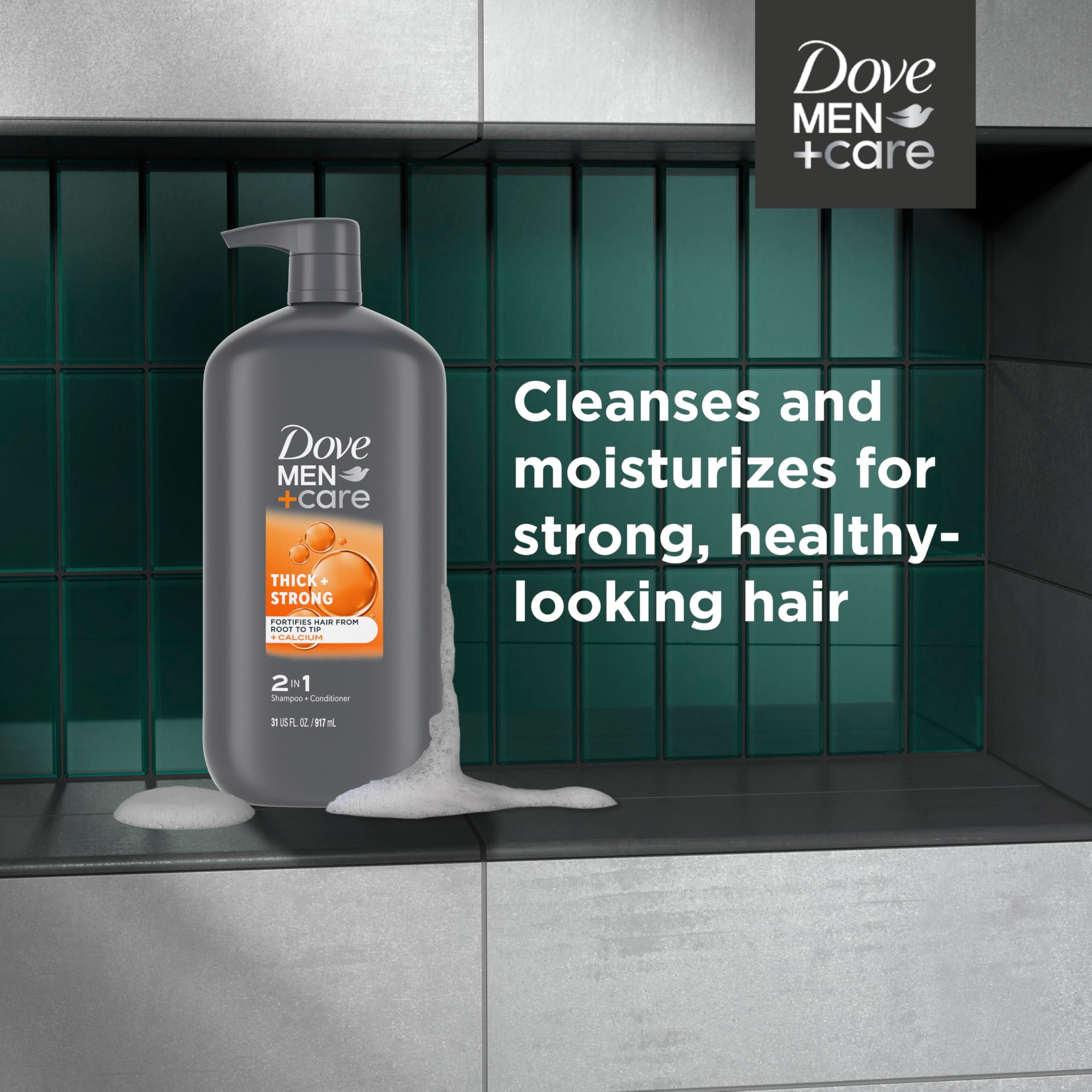 DOVE MEN + CARE 2-in-1 Shampoo + Conditioner Thick + Strong for Fortifying Hair from Root to Tip, with Calcium, 31 oz