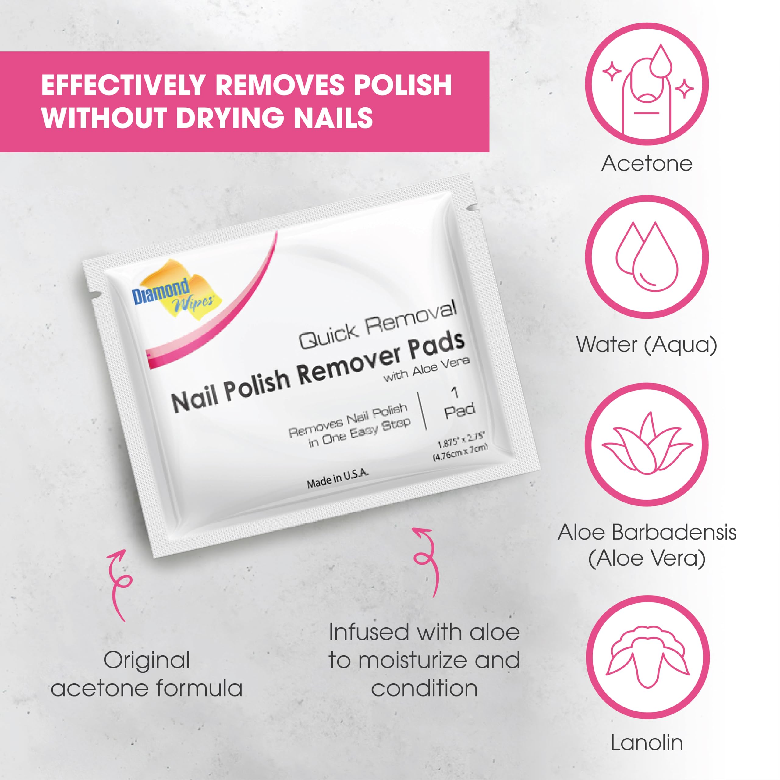 Diamond Wipes Nail Polish Remover Pads, Individually sealed packet, pre-soaked extra thick pad for travel - Pack of 50