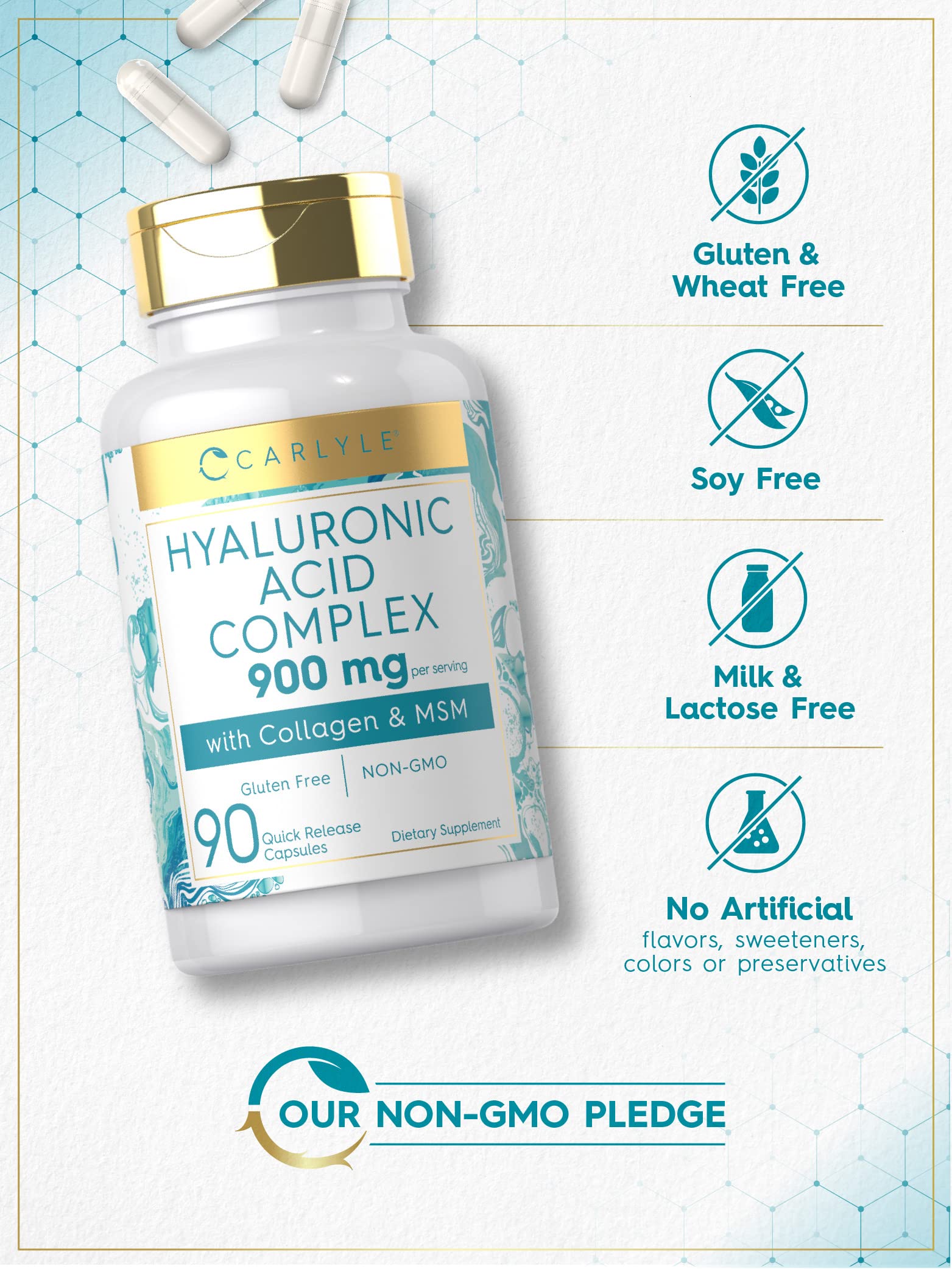 Carlyle Hyaluronic Acid Complex 900 mg | with Collagen and MSM | 90 Capsules | Non-GMO, Gluten Free Supplement